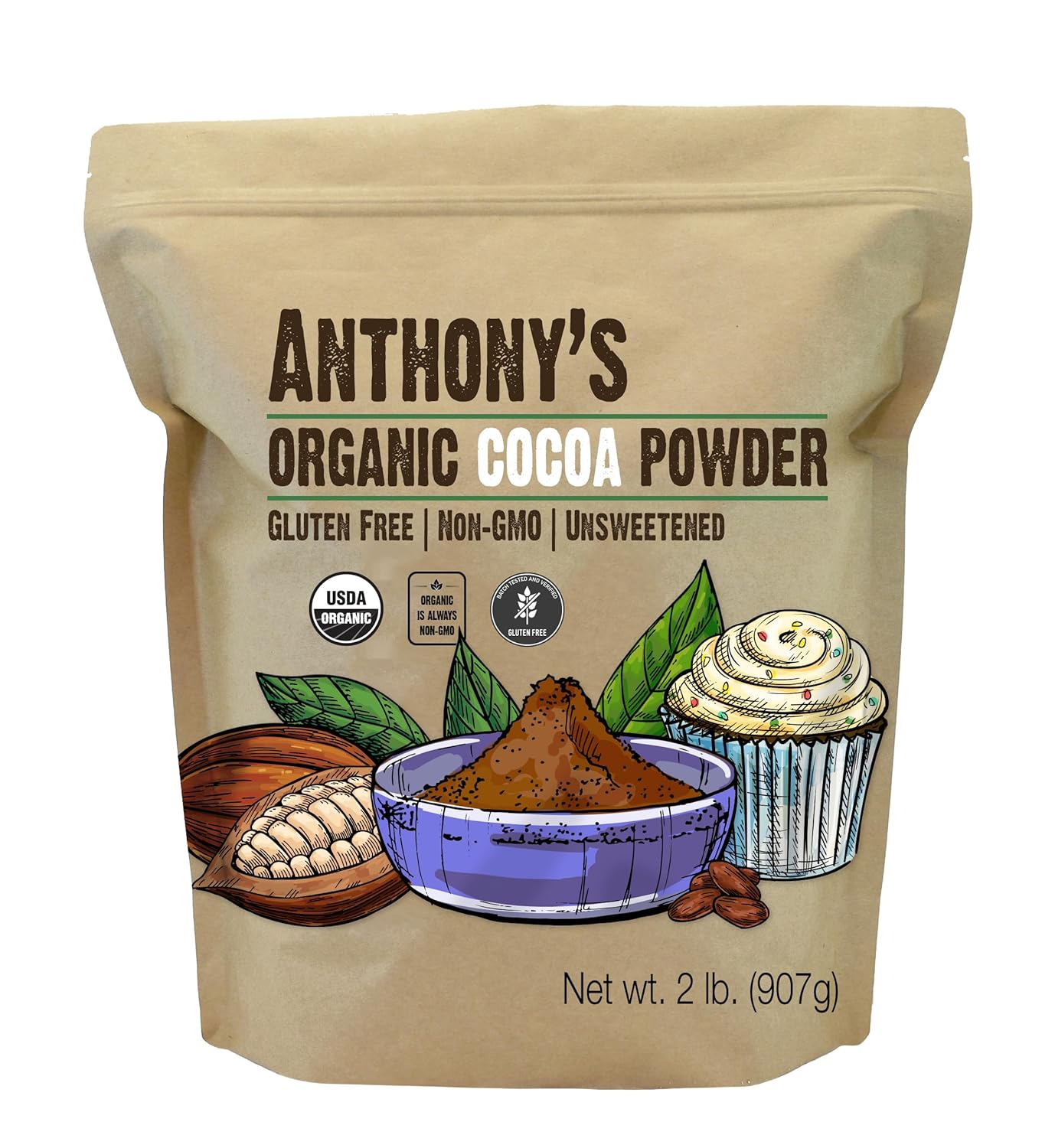 Anthony's Organic Cocoa Powder, 2 lb, Cacao Powder, Gluten Free, Non GMO, Non Alkalized, Unsweetened
