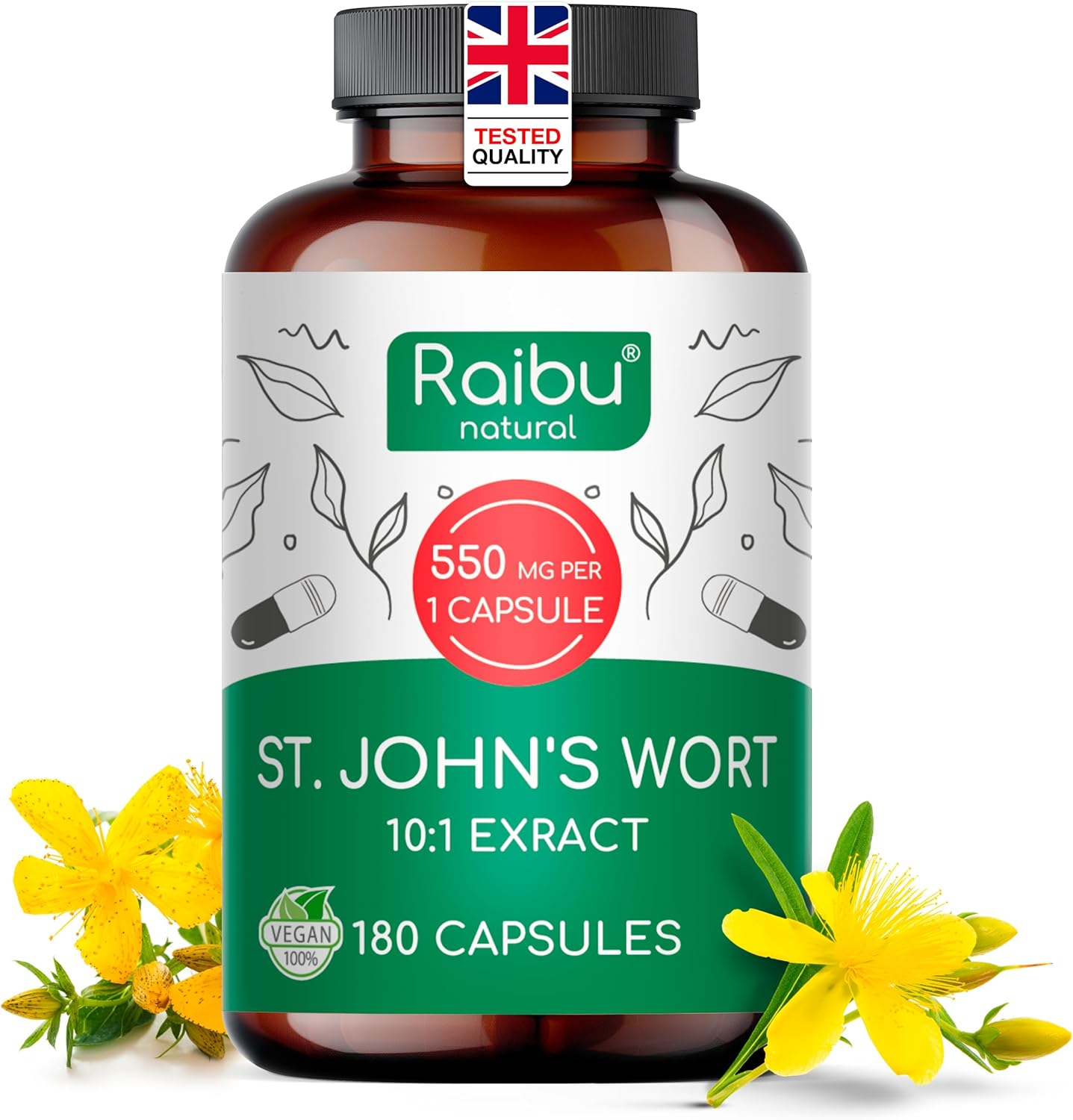 St John's Wort - 550 mg St John's Wort Extract per Capsule - Mood & Emotional Wellbeing - Maximum Strength, 6-Month Supply - 180 Vegan Capsules, No Additives - Raibu