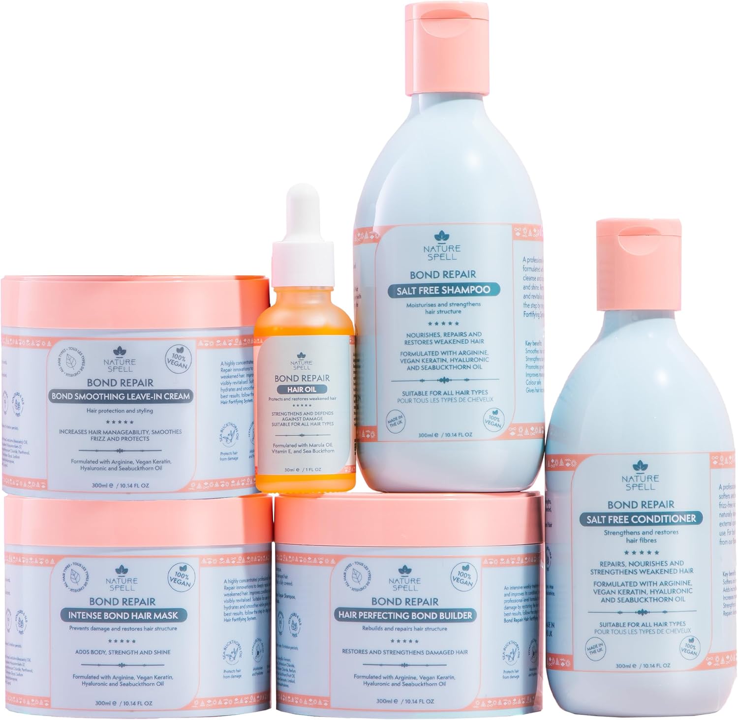 Nature Spell Bond Repair Haircare Collection, Shampoo & Conditioner, Hair Mask, Bond Builder, Leave in Conditioner & Hair Oil, 6 Products