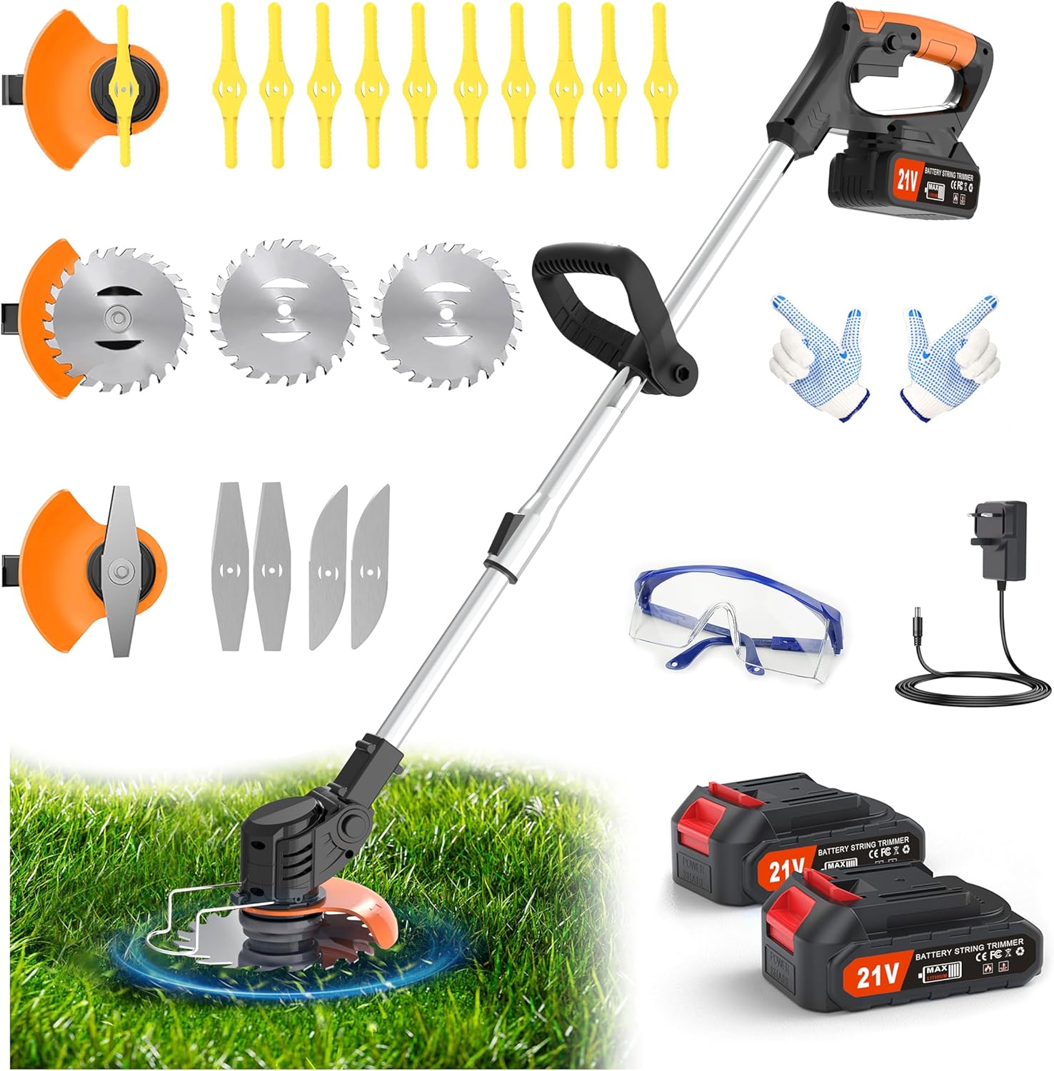 Metal Blade Cordless Strimmer 21v Grass Trimmers Easy to use, 3.2LBS weight Grass Trimmer For Lawns and Farmland, DIY Garden, Lawn Care (Black)