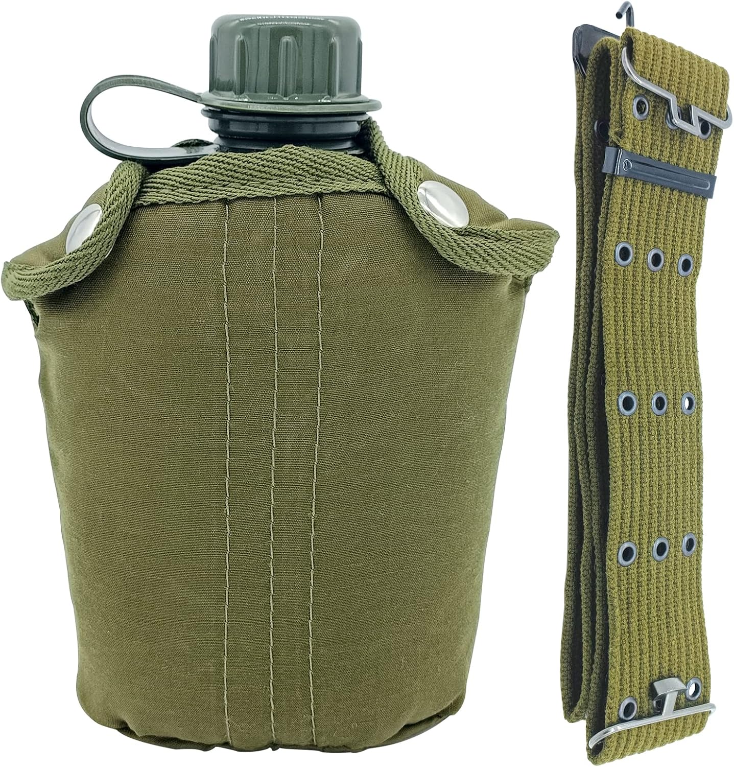 Plastic Military Canteen, 1 Quart Portable Army Water Bottle with Cup Sleeves and Waist Belt for Hiking Camping Climbing and Most Outdoor Activities