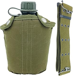 Plastic Military Canteen, 1 Quart Portable Army Water Bottle with Cup Sleeves and Waist Belt for Hiking Camping Climbing and Most Outdoor Activities