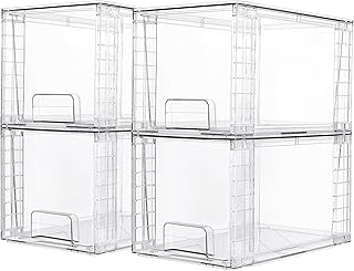 Vtopmart 4 Pack Large Stackable Storage Drawers,Easily Assemble Acrylic Bathroom Closet Undersink Organizers and Storage,Plastic Storage Bins for Kitchen Cabinets,Pantry,Makeup,Medicine Organization
