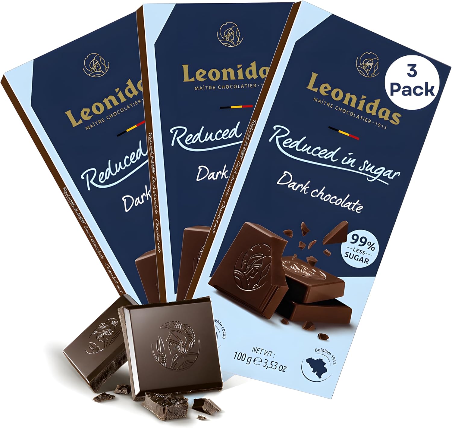 Leonidas 3 Pack Reduced in Sugar Dark Chocolate Tablet – Premium Belgian Dark Chocolate – Less Sugar, Same Intense Flavor – Guilt-Free Indulgence for Snacking, Gifting & Pairing (100g Each)