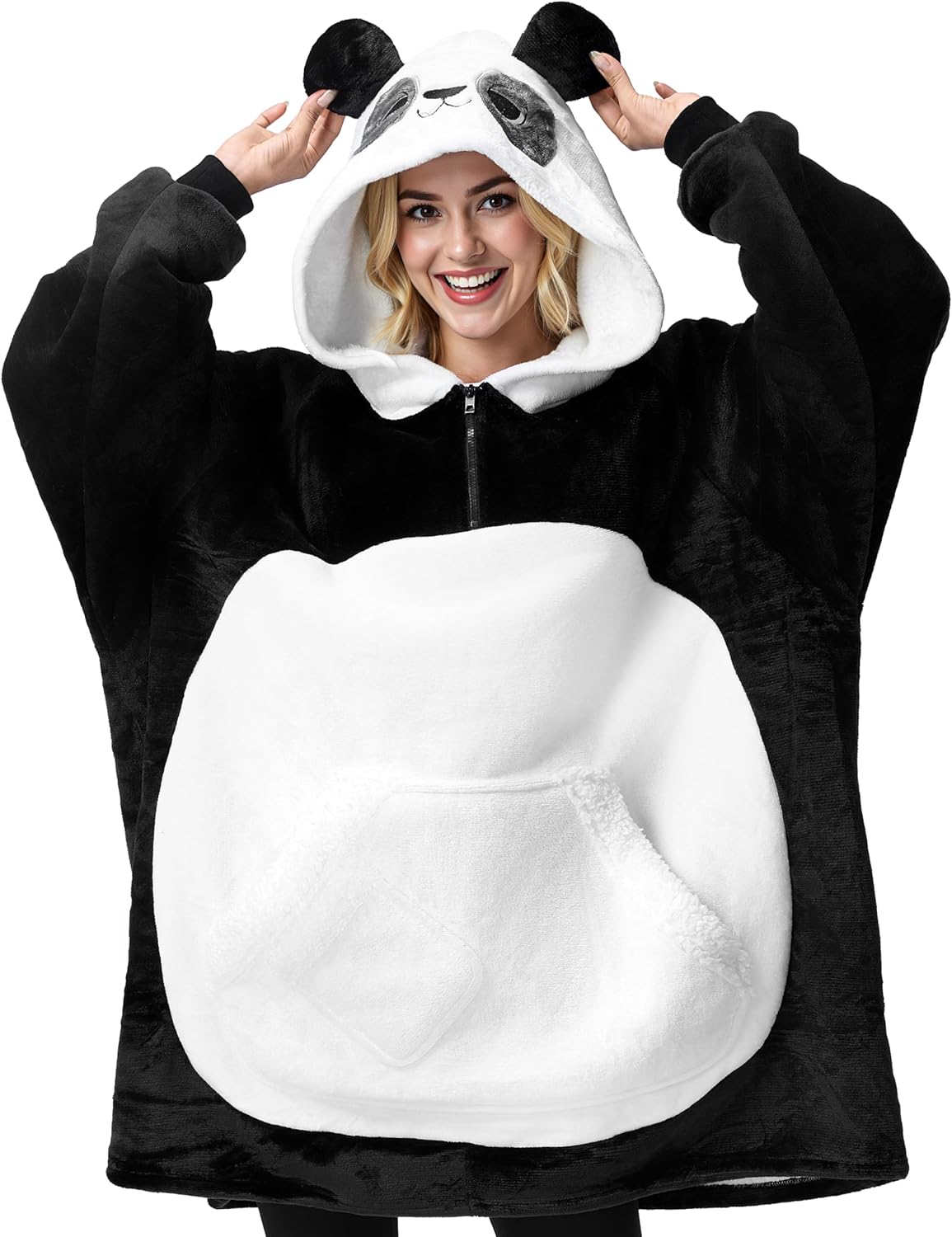 Giggling Getup Panda Wearable Blanket Hoodie - Oversized Soft Sherpa Fleece Hooded Blanket - Warm Cozy Plush Flannel Blanket Sweatshirt Gifts - with Giant Pocket and Sleeves for Adults Women Men