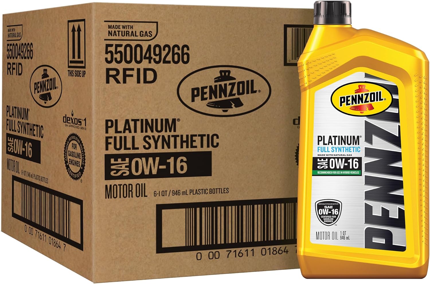 Pennzoil Platinum Full Synthetic 0W-16 Motor Oil, 1 Quart (6 Pack)