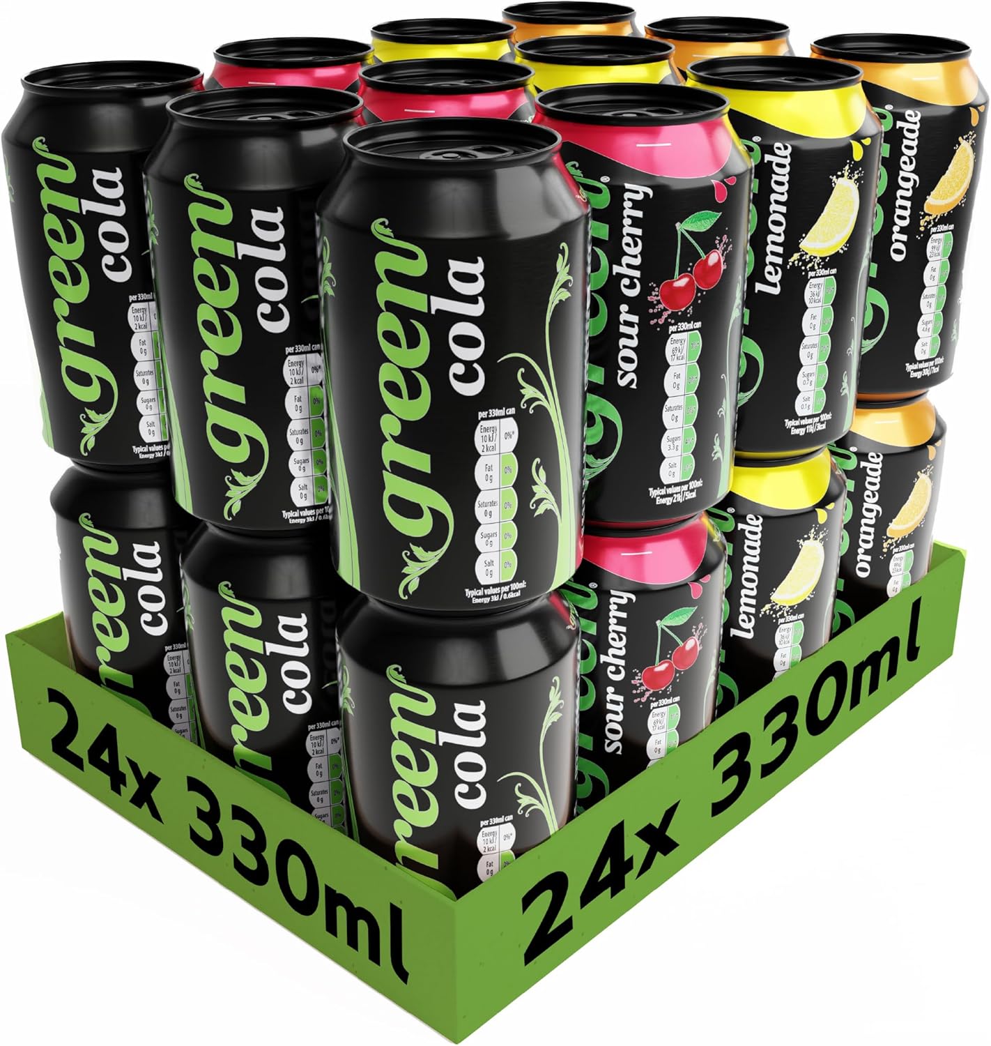 Green Drinks Variety Pack - Low Calorie Sparkling Soft Drinks - Cola, Lemonade, Orange, Cherry - Sweetened with Stevia, No Added Sugar, Natural Caffeine, No Aspartame - Bulk Pack 24 Cans x 330ml