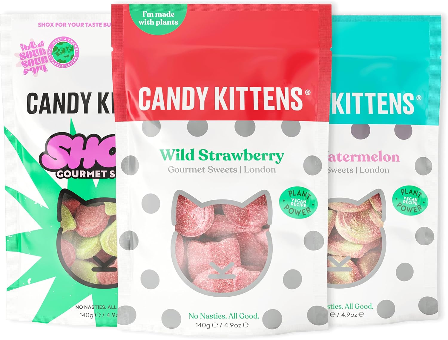 Candy Kittens Vegan Sweets MINI-LUXE Selection (3 x 140g), Vegan Chewy Sweets Bundle - 3 Packs - Wild Strawberry, Sour Watermelon & Shox, Fruity & Delicious Vegetarian Treats