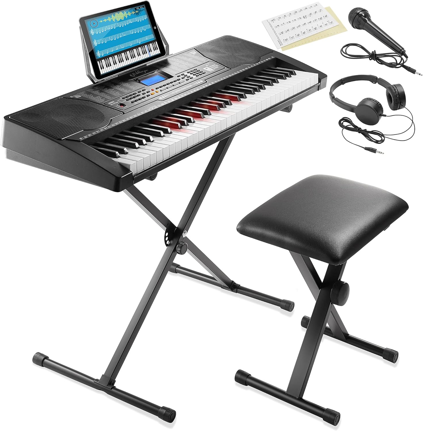 Ashthorpe 61-Key Digital Electronic Keyboard Piano with Light Up Keys, Beginner Kit Includes Stand, Stool, Headphones, Mic and Keynote Stickers