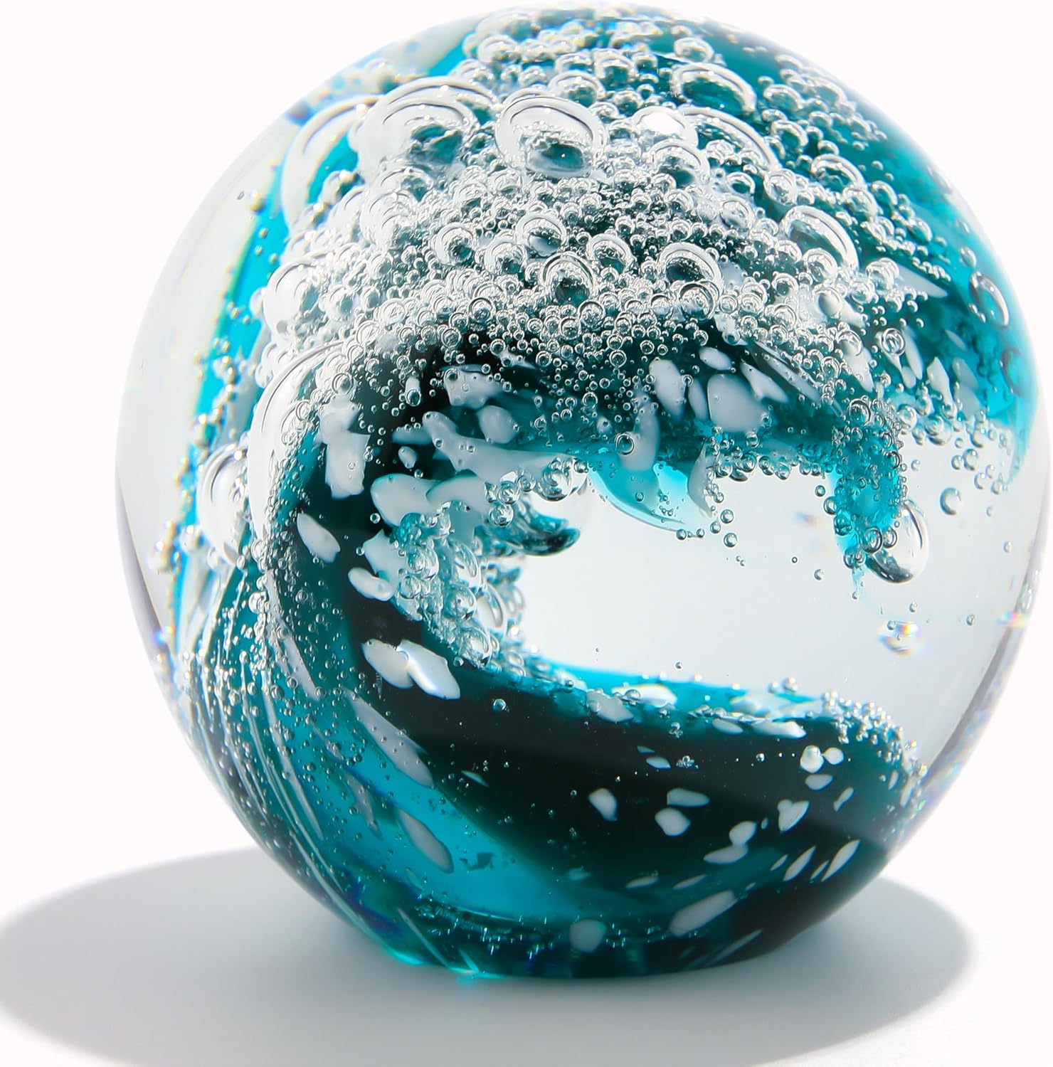 Qianwei Hand Blown Ocean Waves Crystal Ball - Glass Collectible Figurines Spere - Paperweight Glass Ball Aquarium DecorOffice Decor Ocean Lovers