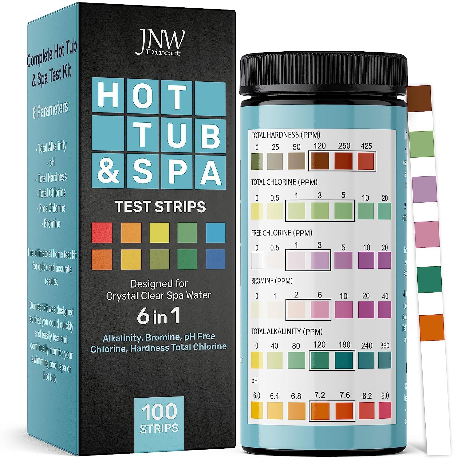 JNW Direct Hot Tub Test Strips - 100 Tests, pH 7.2-7.6, Chlorine, Bromine, Hardness & More - 6-1 Pack - JNW Direct