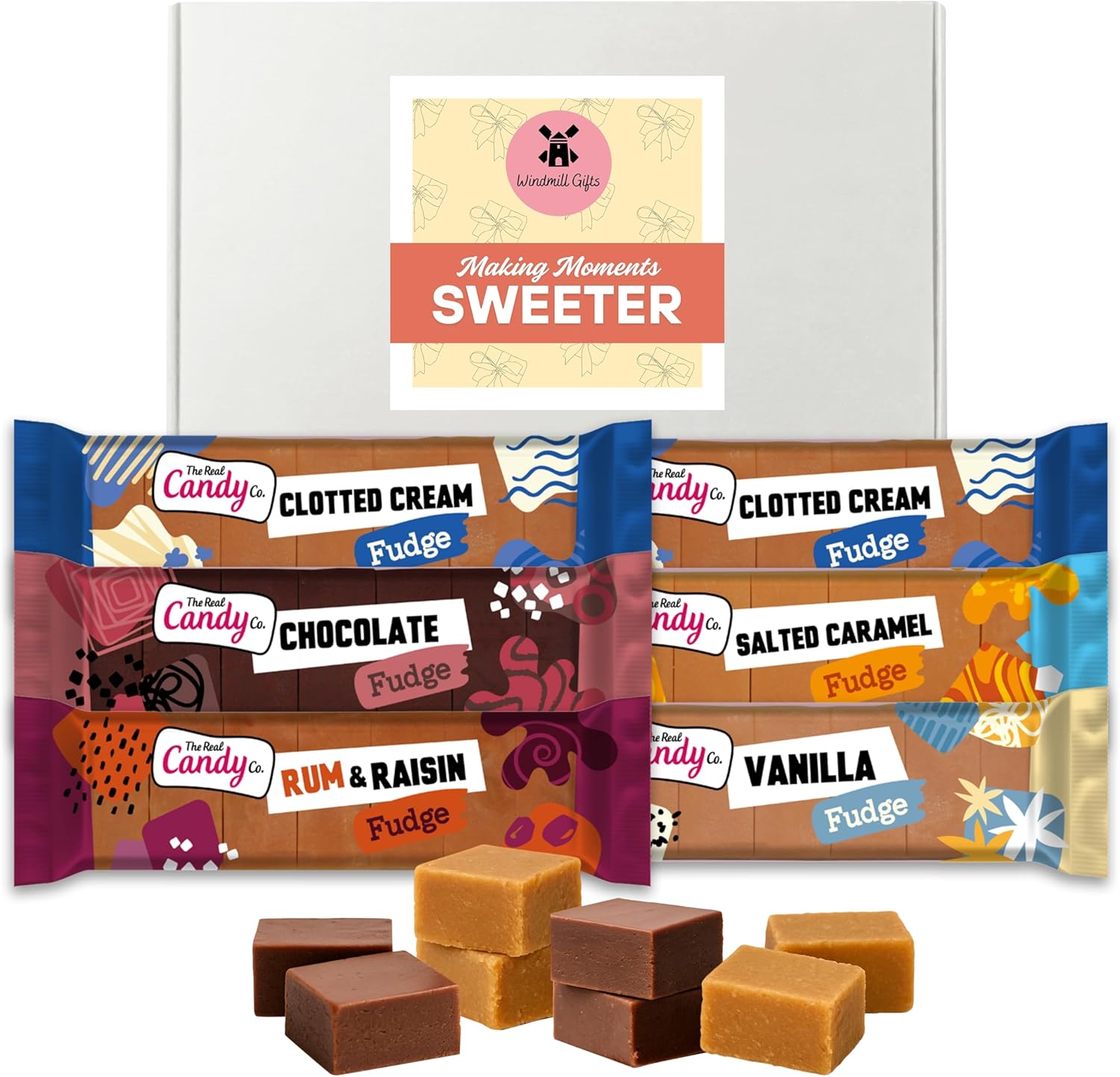 Fudge Gift Set in 5 Flavours (6 Bars x 130g) - x2 Clotted Cream Fudge Bars, Rum and Raisin, Vanilla, Chocolate & Salted Caramel - Confectionary Gifts