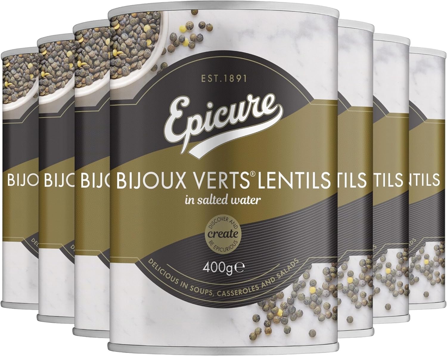 Epicure Tinned Bijoux Verts Lentils in Salted Water, 400 g (Pack of 12) - Nutty Flavour & Meaty Texture - Ideal for Soups, Salads, Curries & Casseroles