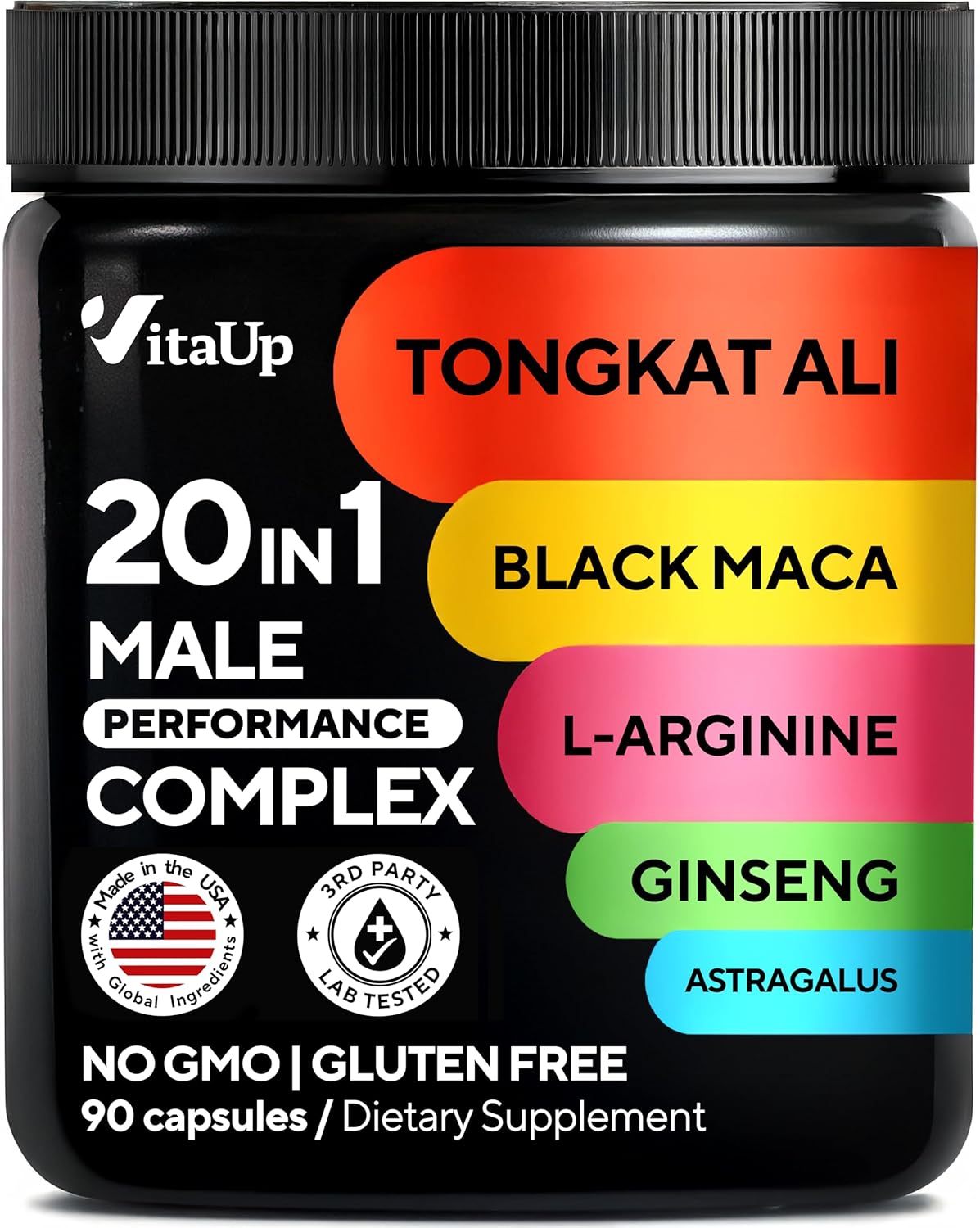 Tongkat Ali for Men 20 in 1 with Astragalus - USA Made Mens Supplement Complex with Black Maca Root, L-Arginine, Ginseng, Calcium, Astragalus for Normal Strength & Endurance Support - 90 Caps