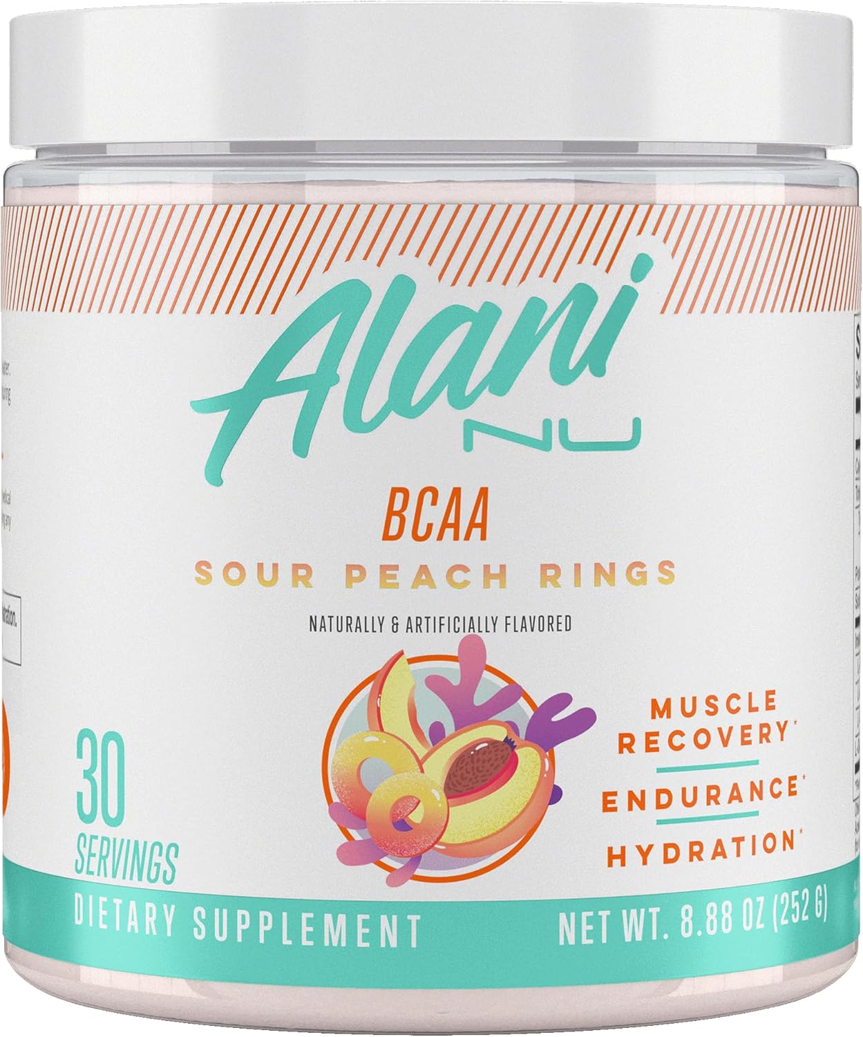 Alani Nu BCAA Sour Peach Ring | Branch Chain Essential Amino Acids | 2:1:1 Formula | Supplement Powder | Muscle Recovery Vitamins for Post-Workout | 30 Servings