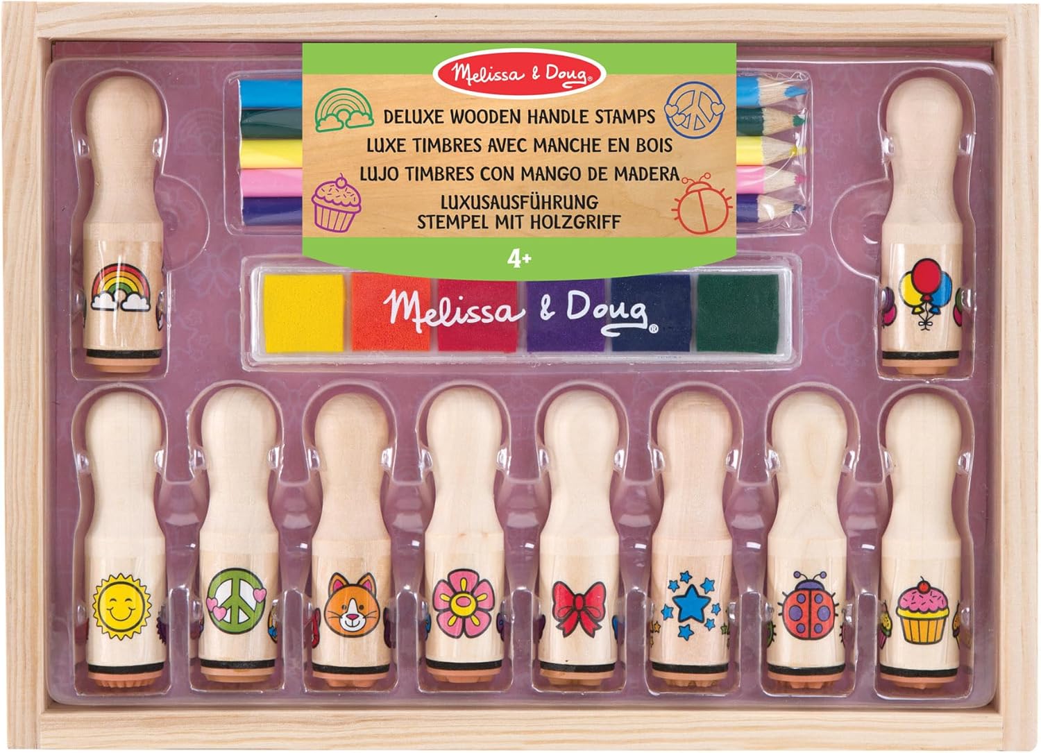 Melissa & Doug Wooden Handle Stamp Set with Colouring Pencils for Children, Arts and Crafts for Kids Age 4+, Toys for Boys & Girls Gifts, Kids Art Set Gift for 4 Year Old
