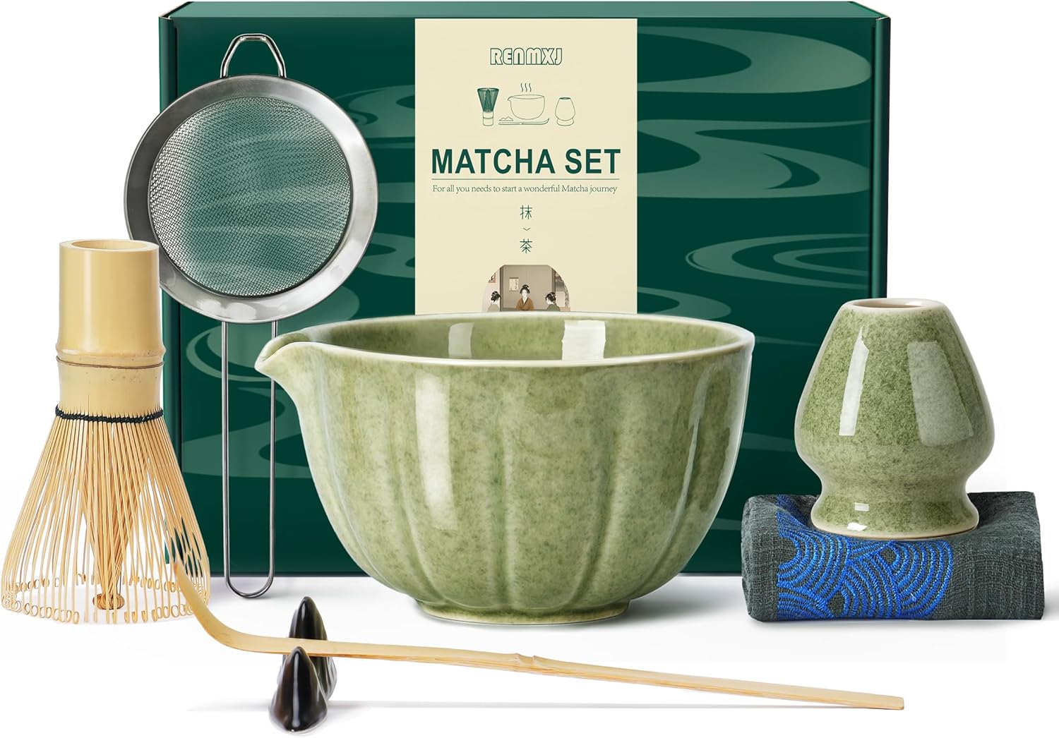 Matcha Whisk Set,7 PCS Ceramic Matcha Kit Includes Matcha Bowl with Spout, Matcha Whisk and Holder, Bamboo Scoop, Stainless Sifter, Towel, Unique Gift for Matcha Lovers (Matcha Green)