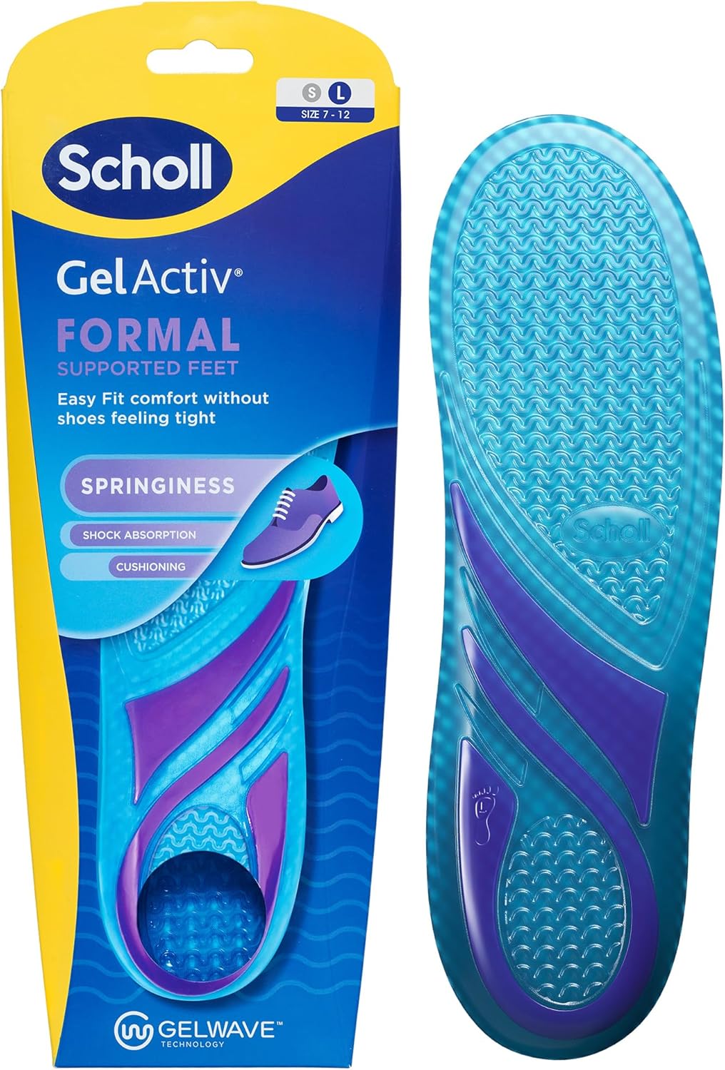 Scholl GelActiv Formal Shoe Insoles for Men, Slim Design for Everyday Use in Smart Shoes, Extra Springiness with GelWave Technology, UK Size 7-12