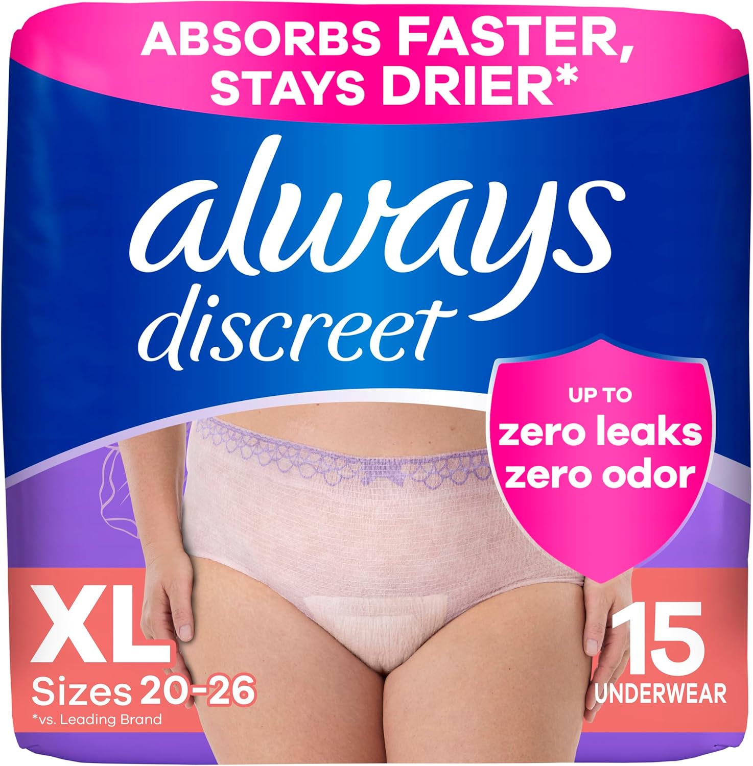Always Discreet, Incontinence Underwear for Women, Maximum Classic Cut, Extra-Large, 15 Count