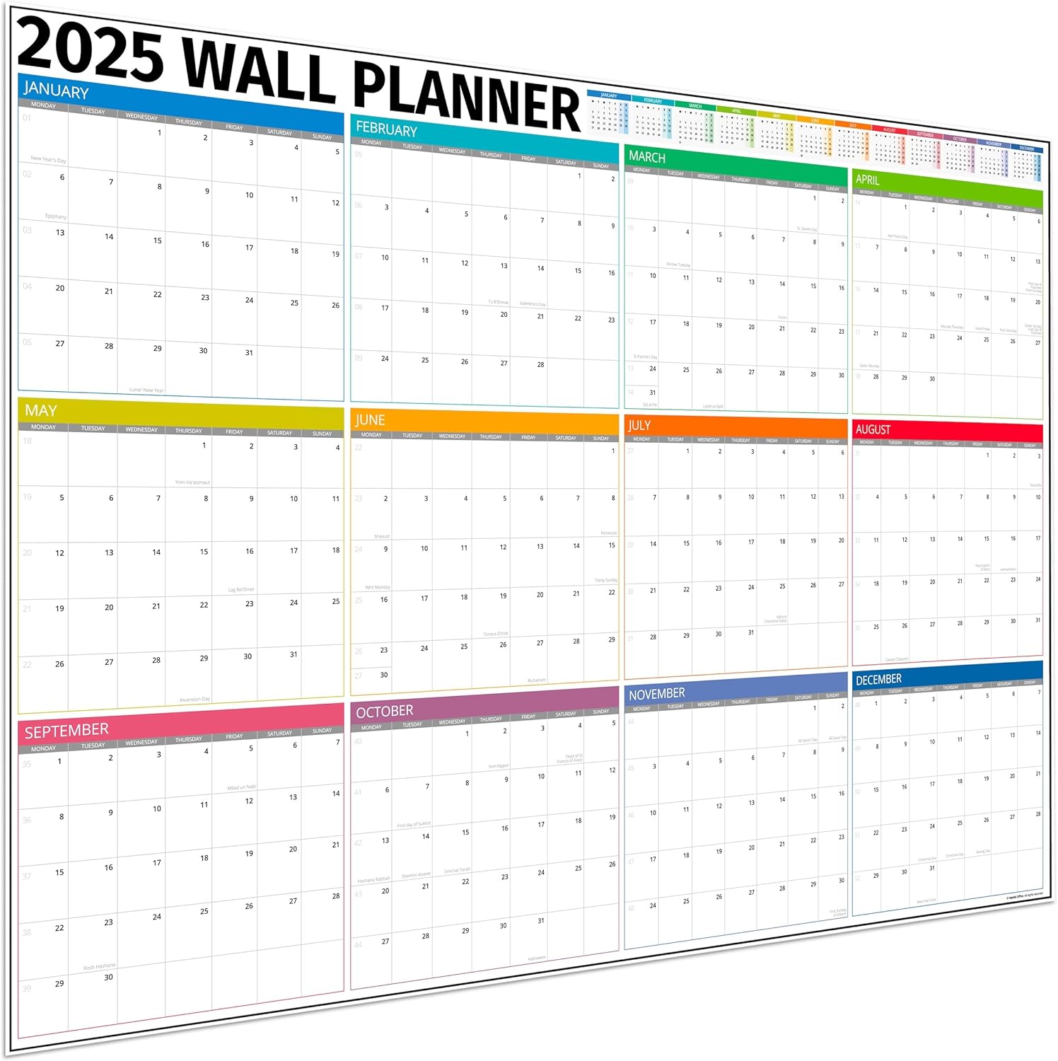 Wall Planner 2025 UK - A1 Extra Large 84 x 60cm Colour Full Year 2025 Wall Planner - Family Planner Calendar 2025 For Home, Office, Teacher Calendars & Personal Organisers - Folded Boxes Edition