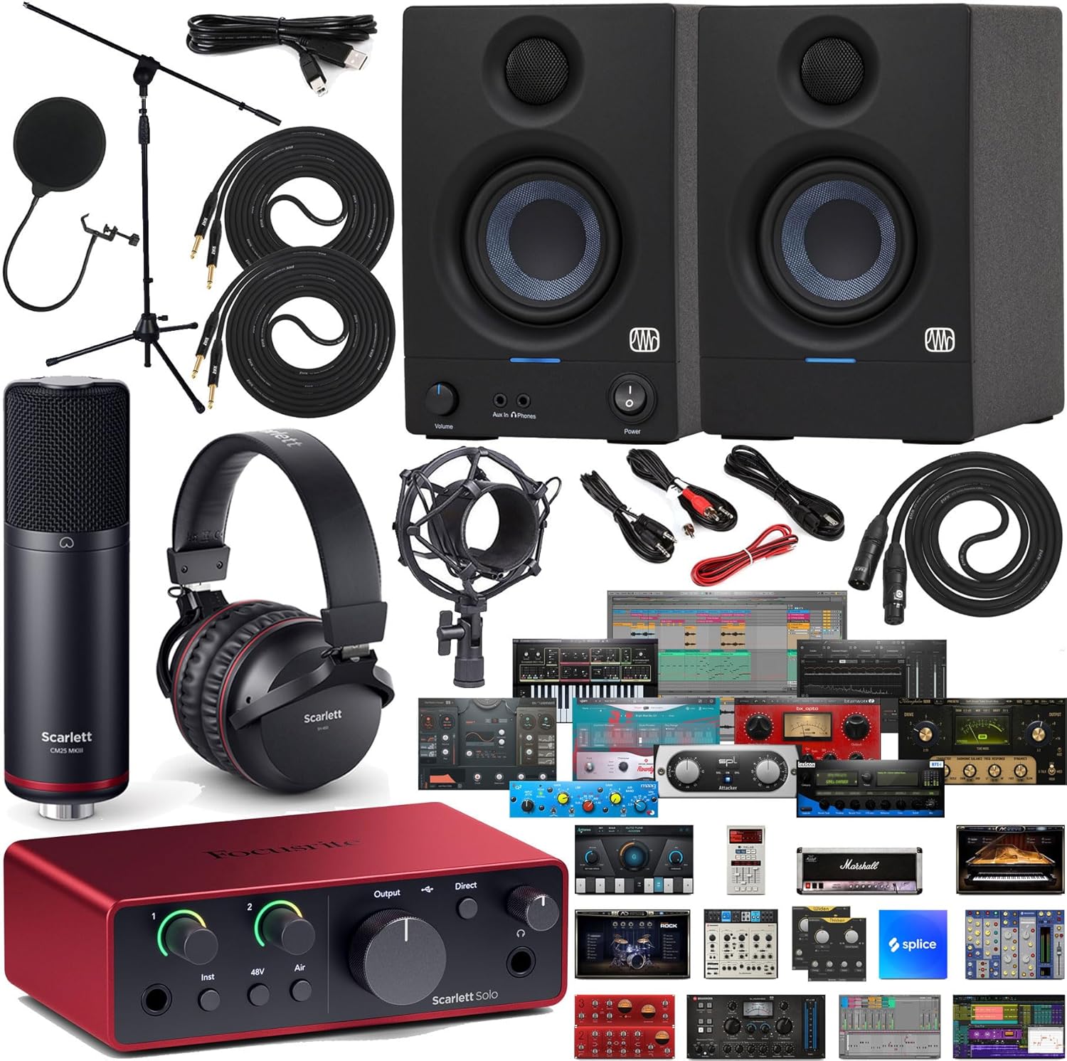 Focusrite Scarlett Solo Studio 4th Gen USB Audio Interface Complete Kit Exclusive Software Bundle with New Designed Eris 3.5 Studio Monitors with Professional Microphone Kit & Recording Headphones