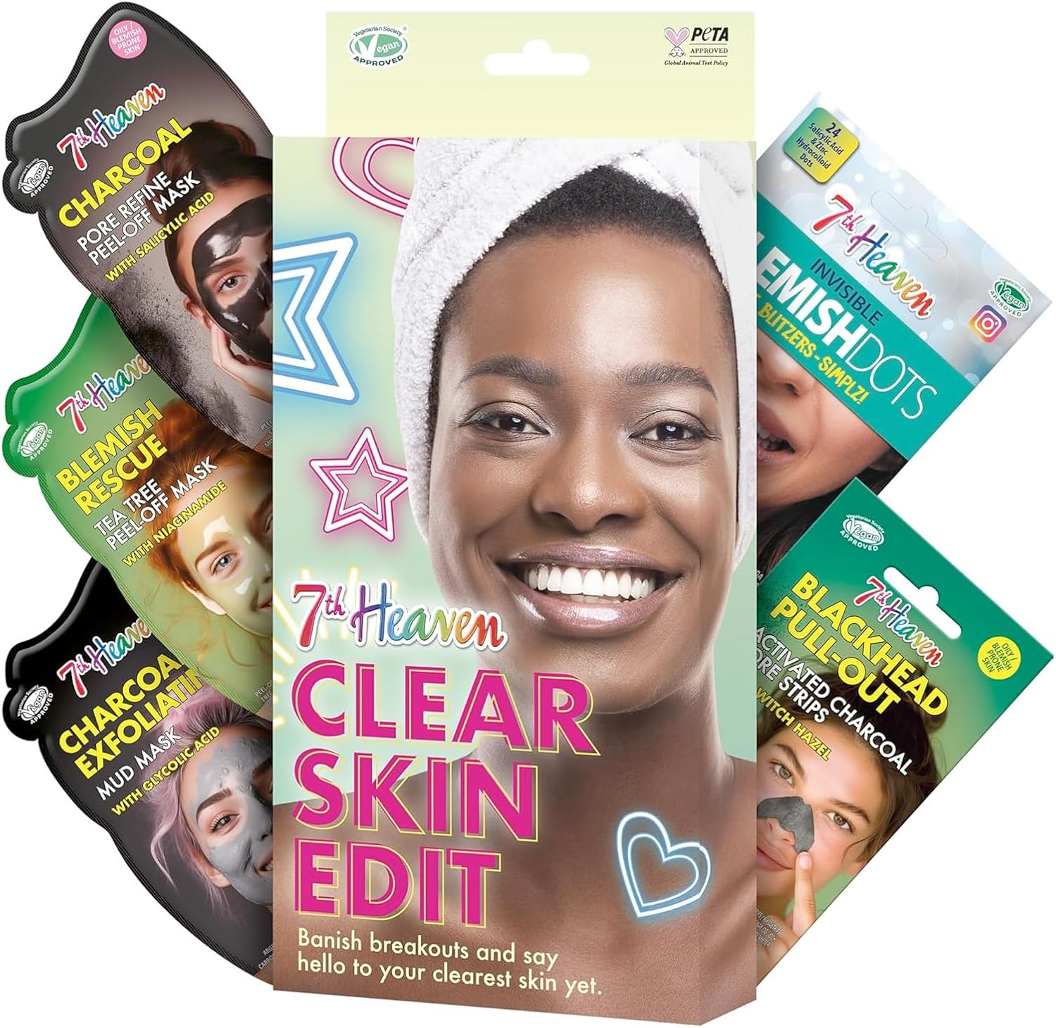 7th Heaven Clear Skin Edit Skincare Kit - 3 Face Masks, Nose Pore Strips and Blemish Dots