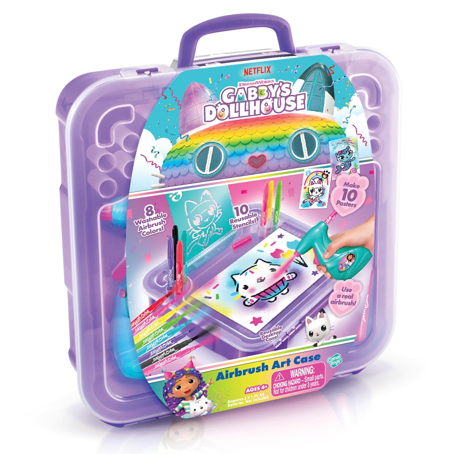 Gabby’s Dollhouse™ Airbrush Art Case! Handled Art case for Storage and Portability! Make Your own Cat-tasic Posters with Stencils and air Brush. Age 4+