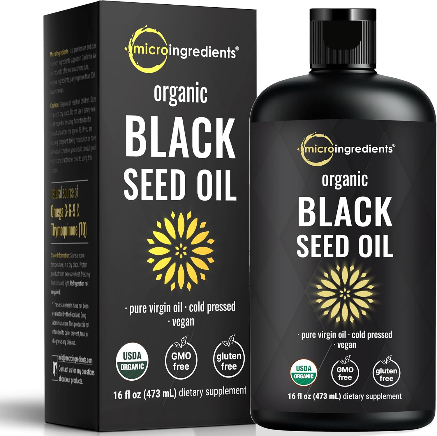Micro Ingredients Organic Black Seed Oil, 16 fl oz | Cold Pressed from Nigella Sativa Seeds | Rich in Thymoquinone & Omega 3 6 9 | Immune, Joint, Hair & Skin Support | Pure Virgin Oil, Non-GMO