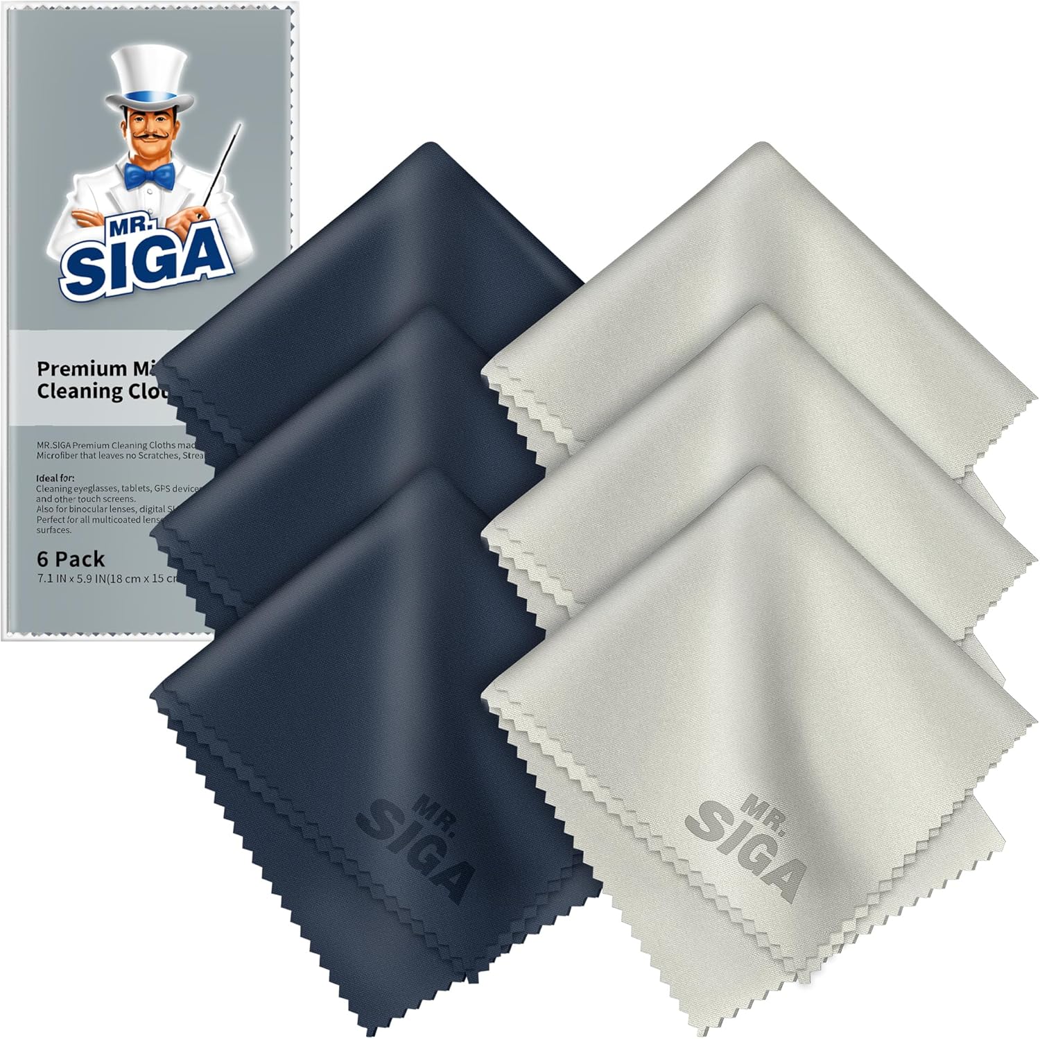 MR.SIGA Premium Microfiber Cleaning Cloths for Lens, Eyeglasses, Screens, Tablets, Glasses, 6 Pack, 6 x 7 inches (15 x 18 cm)