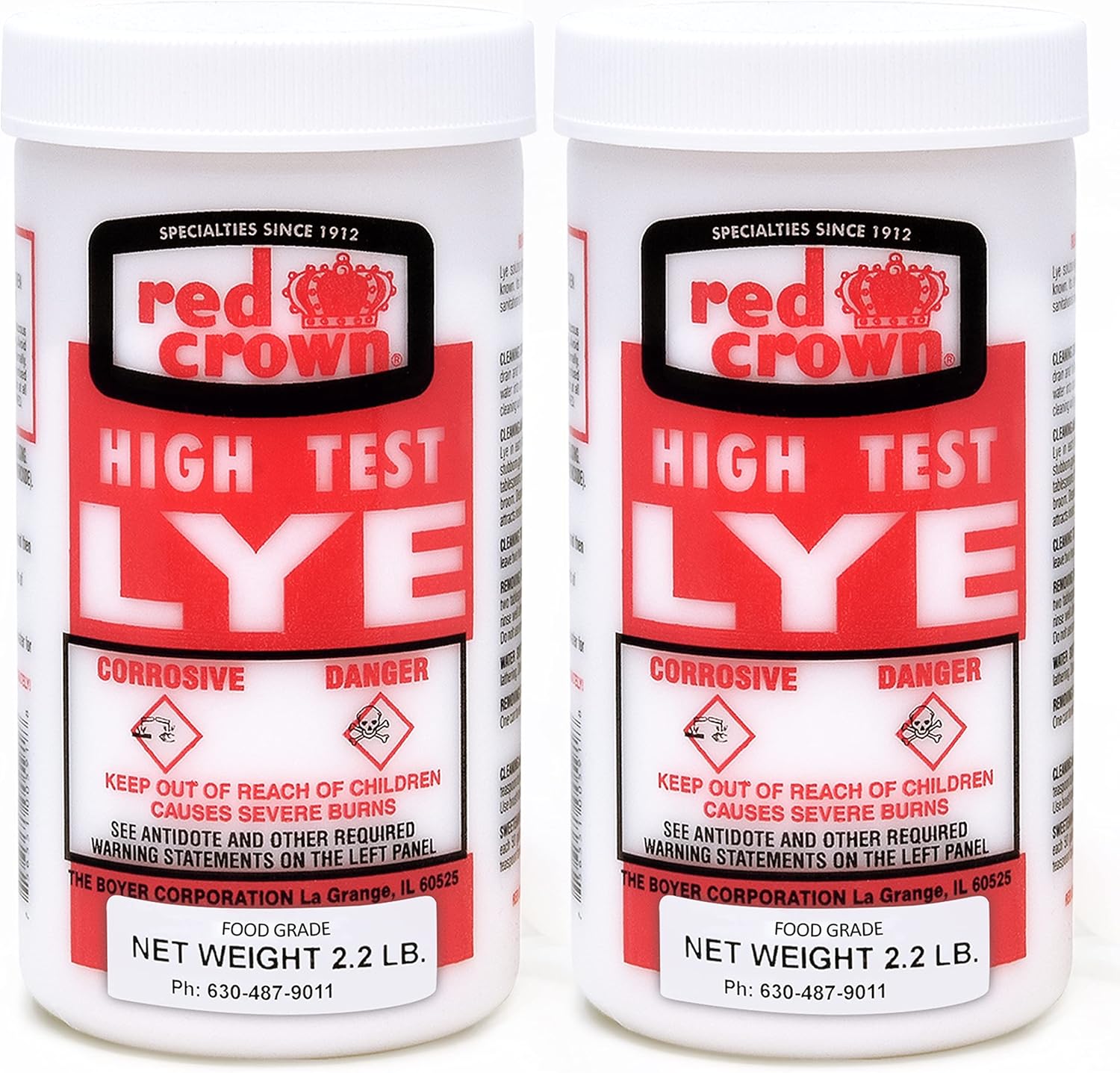 The Boyer Lye for Soap Making, Sodium Hydroxide Pure High Test Lye Food Grade, Caustic Soda, Drain Cleaner and Clog Remover, 2 Pack 2.2 lbs