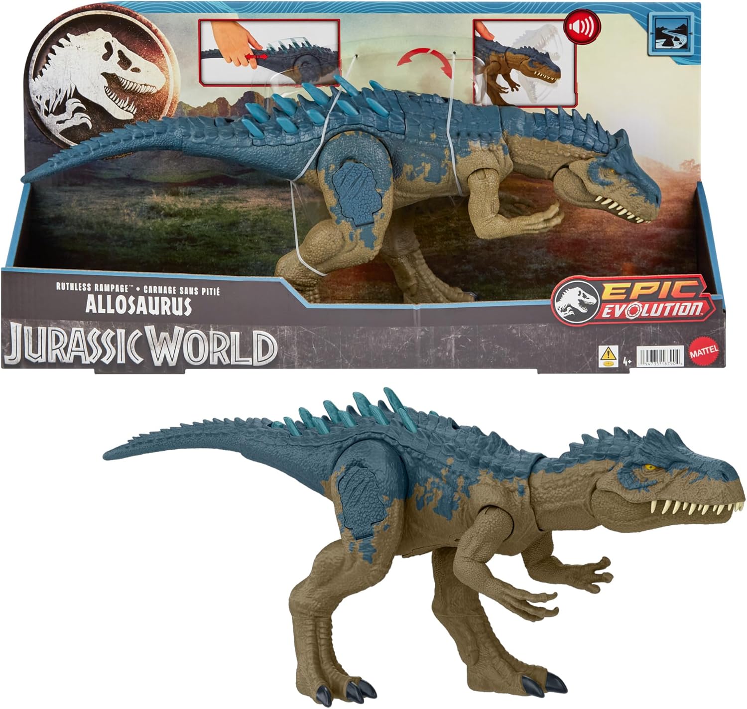 Jurassic World Ruthless Rampagin Allosaurus Dinosaur Toy, Action Figure with Continuous Chomp Attack & Roar Sounds, Button Activated Evolved Battle Spikes, HRX51