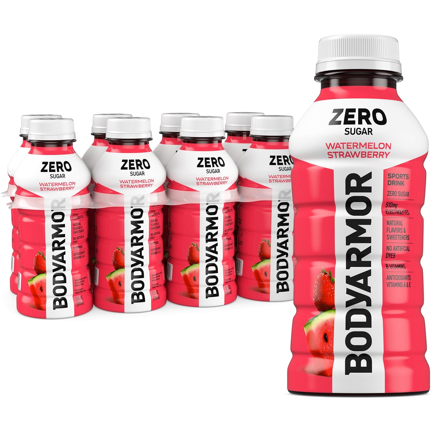 BODYARMOR ZERO Sugar Watermelon Strawberry, Sugar Free Sports Drink - Low-Calorie Hydration - Natural Flavors with Potassium Packed Electrolytes, Antioxidants, and B-vitamins, 12 fl oz (Pack of 8)