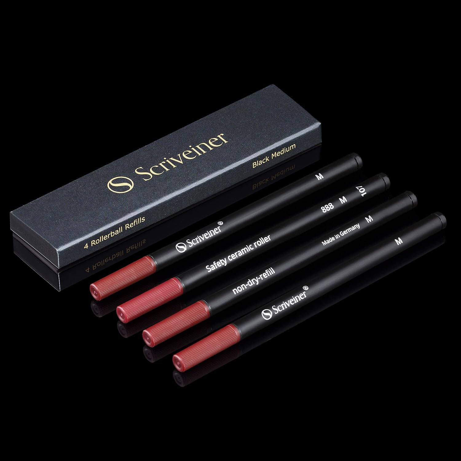 Scriveiner Rollerball Refill Black Medium - 4 Rollerball Refills Designed for Scriveiner Pens - Safety Ceramic Non Dry Roller Pen Refill M - Schmidt 888 Size – Made in Germany