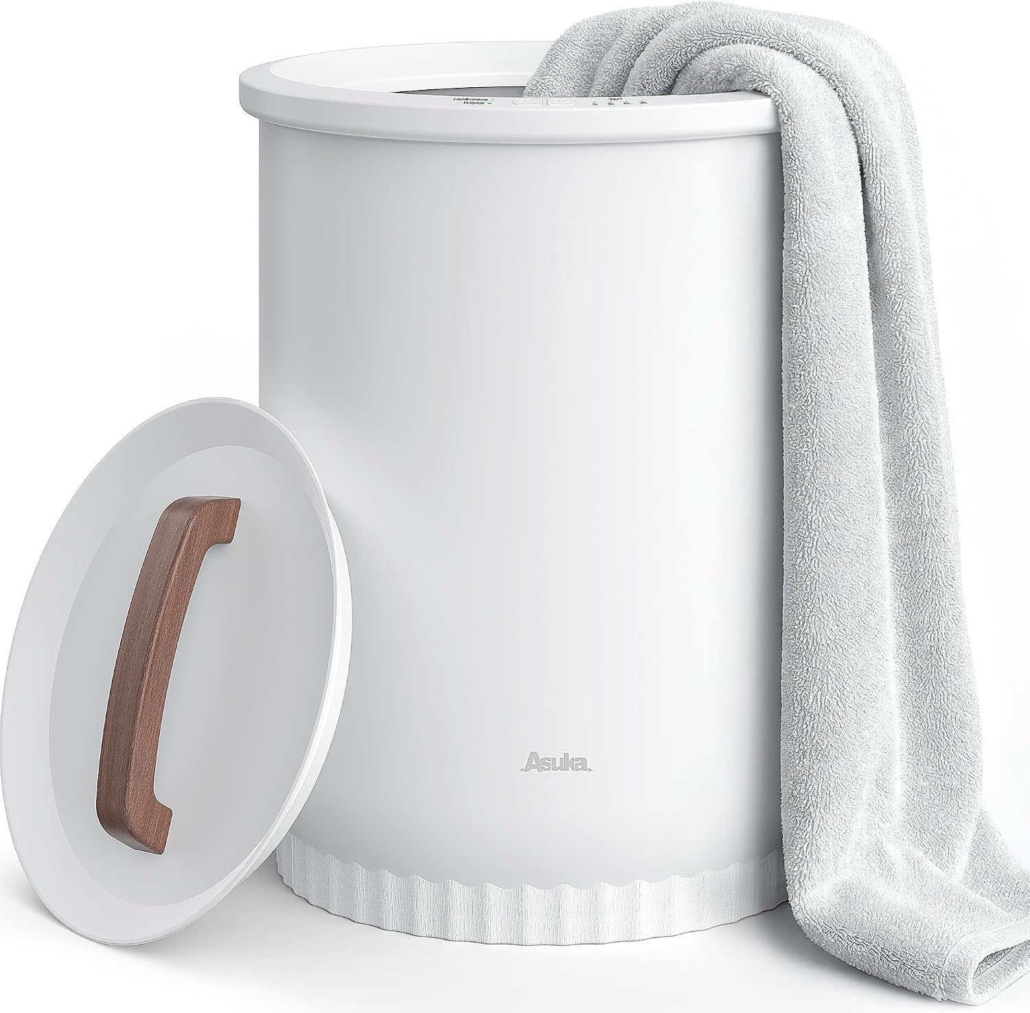 Asuka Towel Warmer, Large Towel Warmer for Bathroom with Wood Handle, 4 Delay Settings&Auto Shut Off, Towel Warmer Bucket Fits Two 40"X70" Oversized Towels, Bathrobes, Blankets, PJ's and More, White