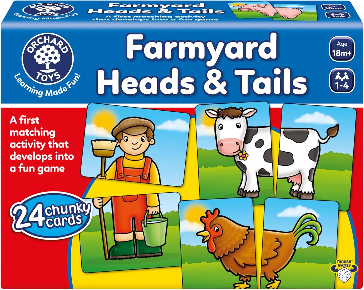 Orchard Toys Moose, Farmyard Heads & Tails Game. A First Matching Activity That develops into a Fun Game. 24 Chunky Cards. Age 18 Months+. 1-4 Players