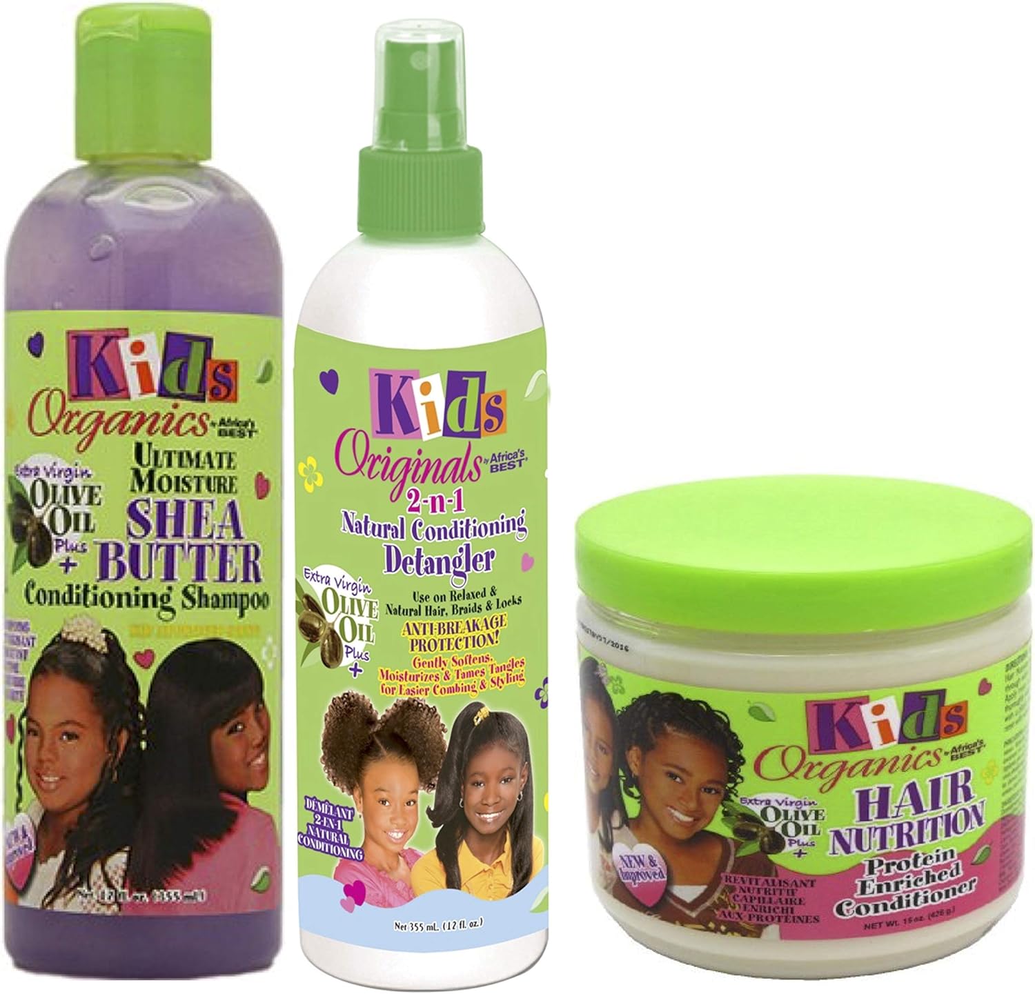 Africa's Best Kids Organic SET OF 3| Ultimate Moisture Shea Butter Conditioning Shampoo 355ml | 2 in1 Conditioning Detangler 355ml | Protein Enriched Hair Nutrition Conditioner 426g