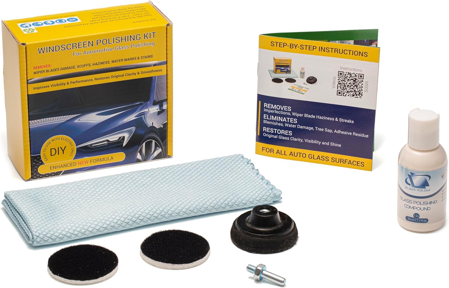 Glass Polish DIY 2” (50mm) Windshield Polishing Kit for Car Glass Restoration, Remove Wiper Blade Damage, Fine Scratches, Haziness, and Water Spots, Restore Glass Clarity and Shine - GP21003