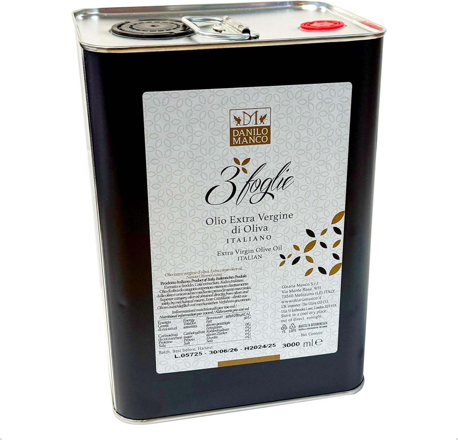 Tre Foglie Italian Extra Virgin Olive Oil, Cold Pressed Olive Oil From Puglia, Perfect For Everyday Cooking, Marinades And Salad Dressings, Large Tin, 3 Litres