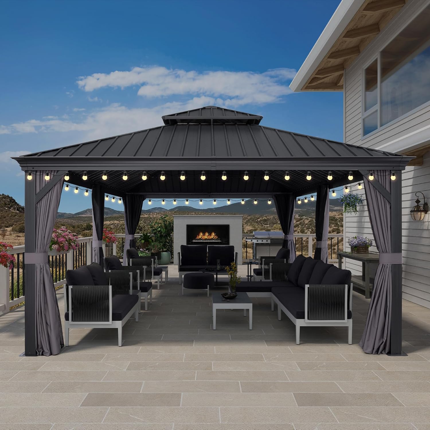 PURPLE LEAF 12' X 24' Outdoor Large Gazebo with Galvanized Steel and Light for Lawn and Garden Permanent Hardtop Gazebo Grey