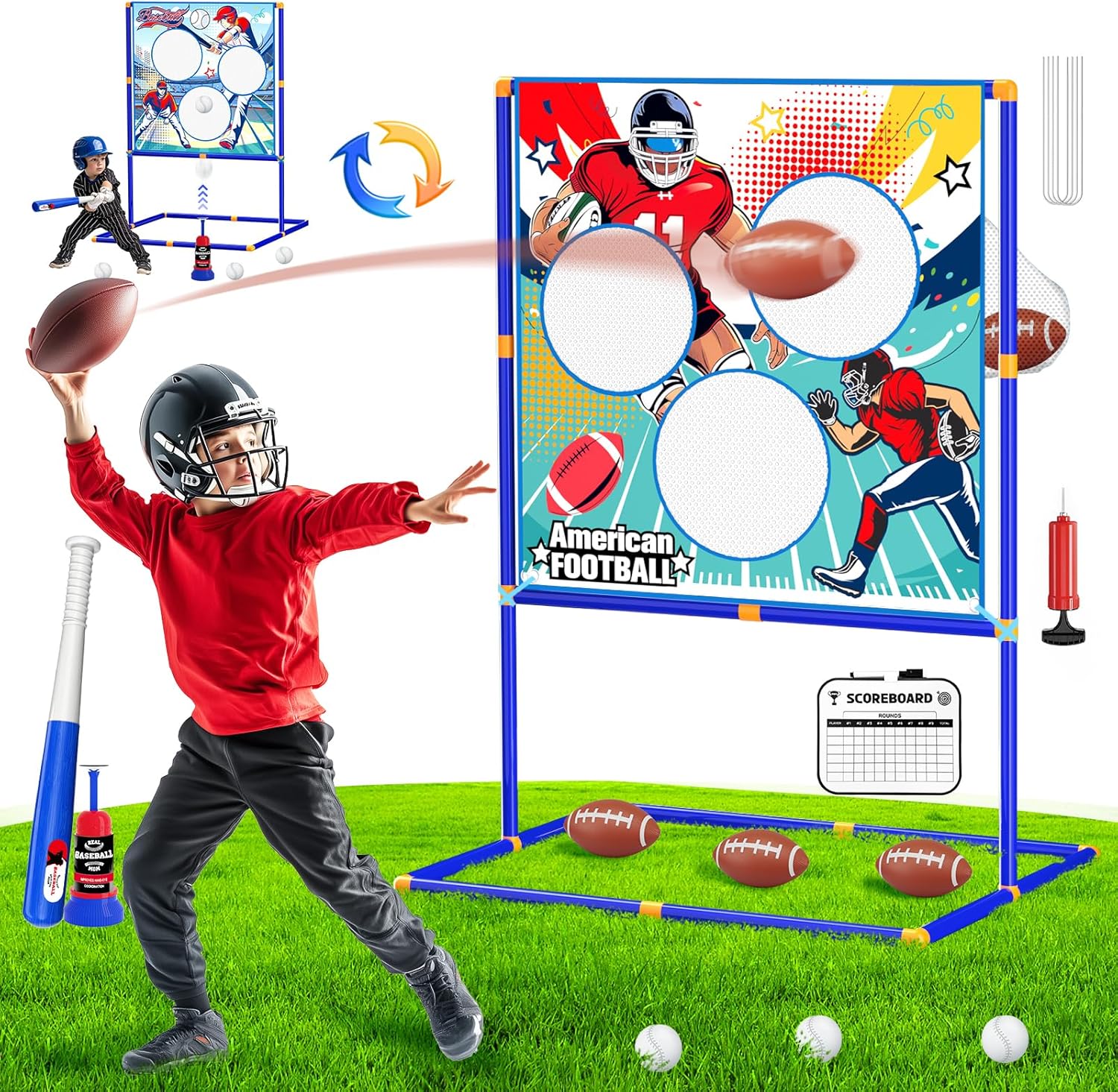 2-in-1 Football & Baseball Toss Target Games for Kids 4-8 8-12, 3-Hole Double-Sided Strike Zone with T Ball Set and Ball Launcher for Toddlers, Indoor Outdoor Toys Backyard Sport Gifts for Boys