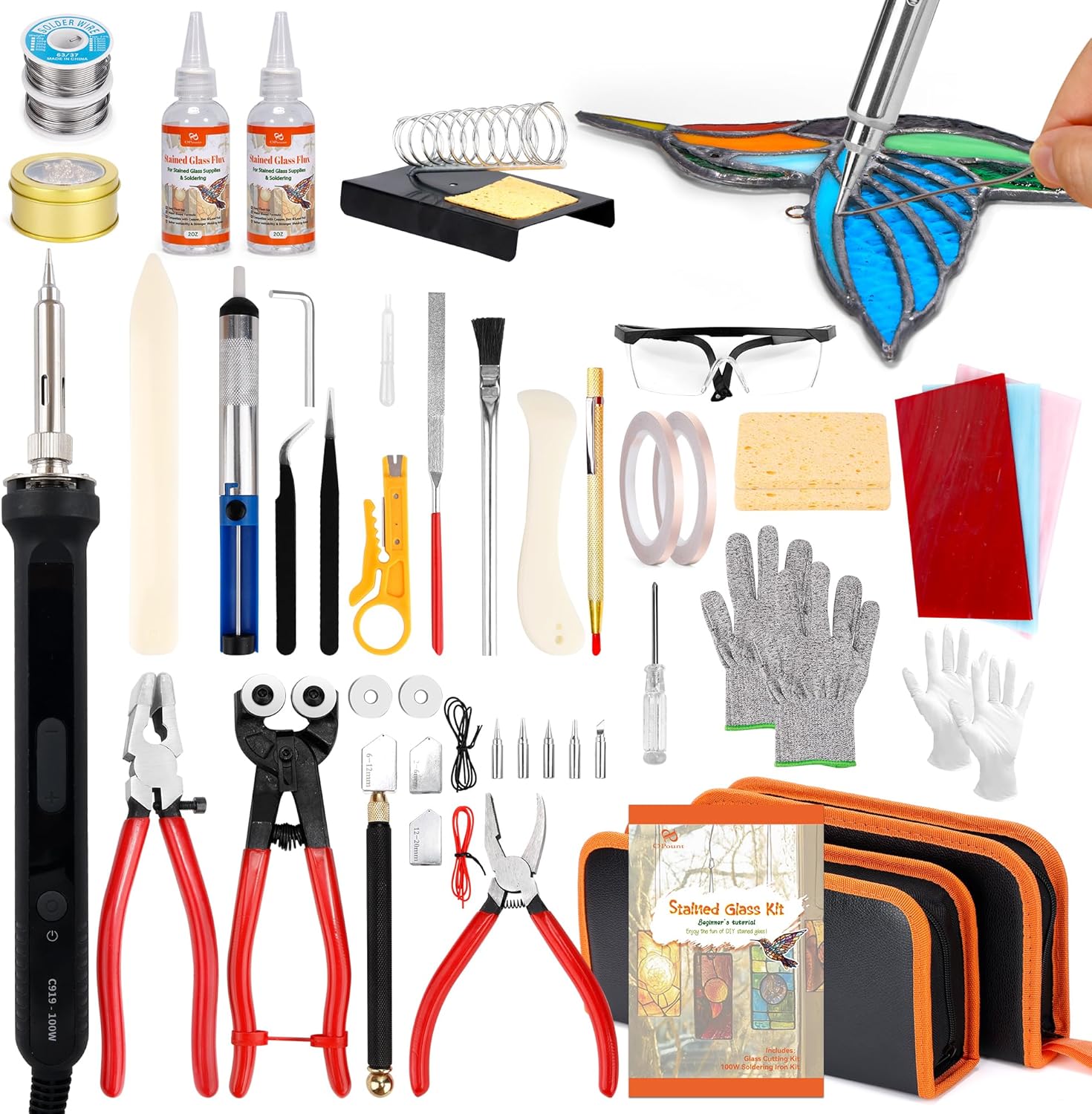 PP OPOUNT Stained Glass Kit for Beginners & Adults, Complete Stained Glass Making Kit with 100W Adjustable Soldering Iron, Glass Cutting Tools, Diamond Cutter Set & Instructions for DIY Glass Crafts