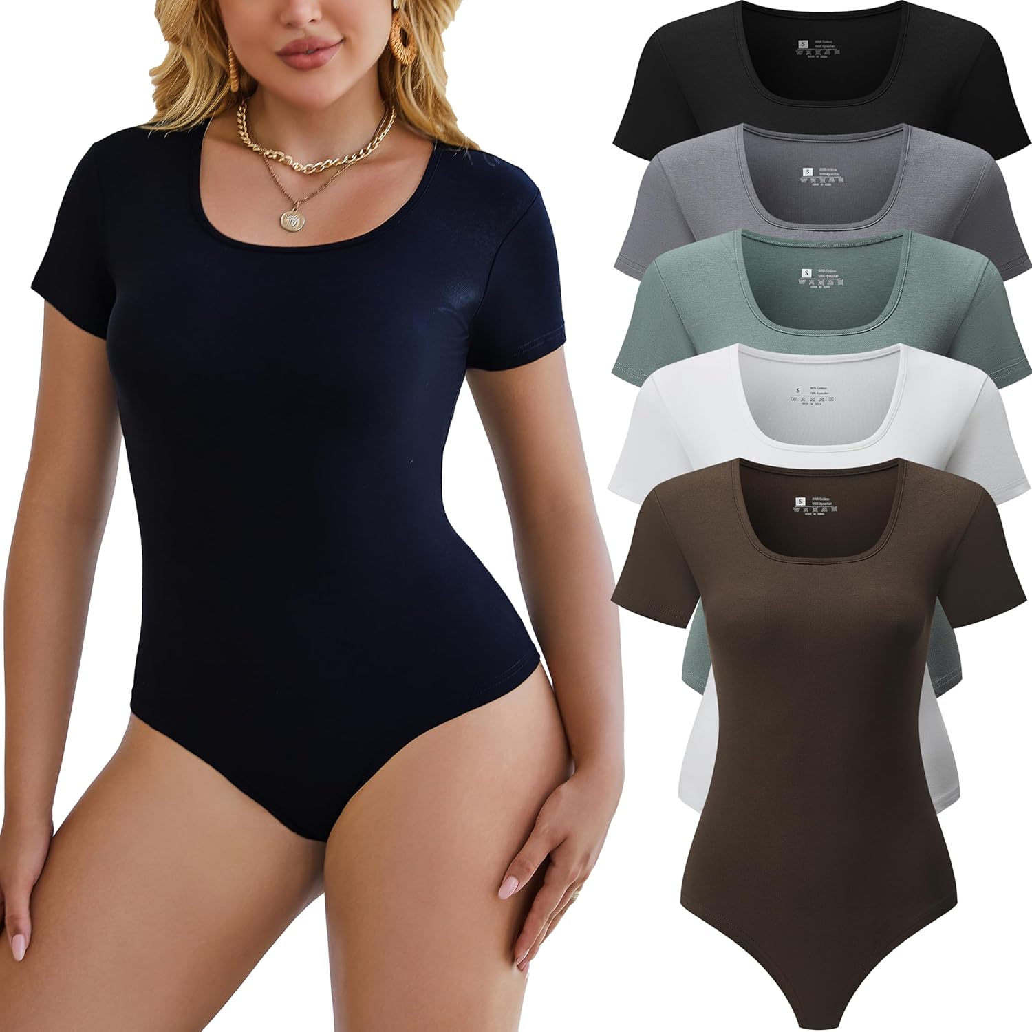 5 Pack Short Sleeve Bodysuits for Women Square Neck Casual Stretchy Basic Body Suits Tops T Shirts