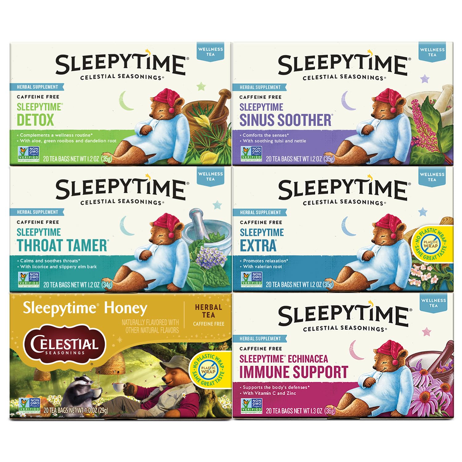 Celestial Seasonings Wellness Tea Sleepytime Variety Pack, Detox, Sinus Soother, Throat Tamer, Sleepytime Extra, Honey, Immune Boost, Caffeine Free Sleep Tea, 20 Tea Bags (Pack of 6)