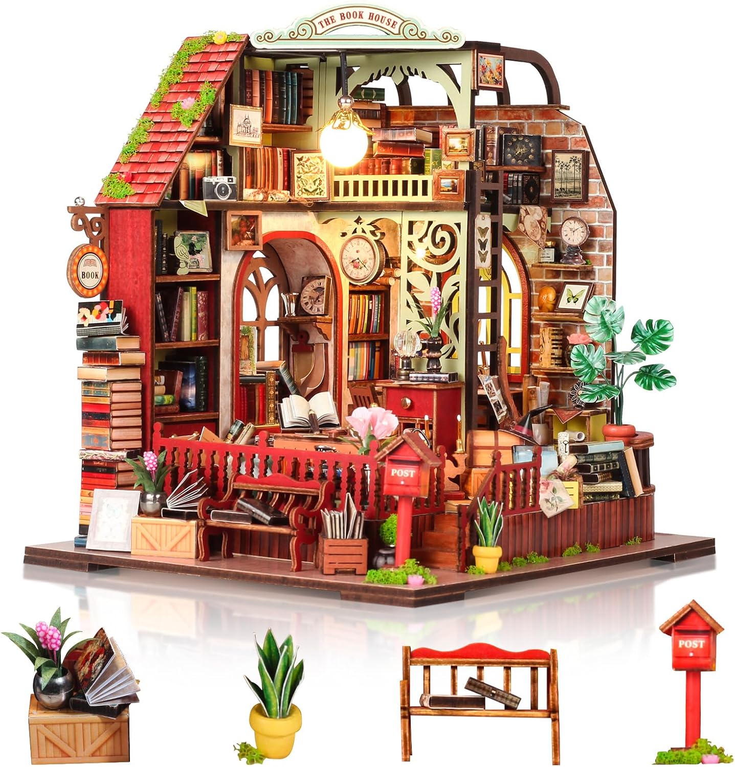 Cuteefun DIY Miniature House Kits, Wooden Dollhouse with LED, Tiny House Kit with Furniture for Adults to Building, Creative Handmade Unique Gift for Birthday Christmas Day (Book House)