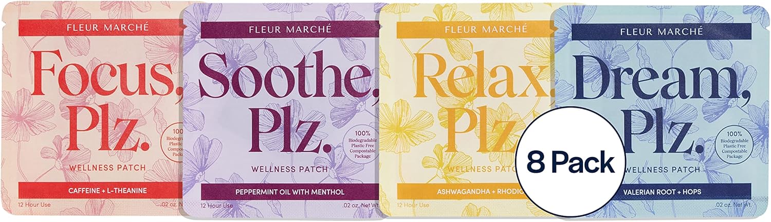 Fleur Marche Everything, Plz Botanical Patch Variety Pack - 4 Wellness Patches with Plant Powered Ingredients - Relax, Focus, Soothe, Dream - Highly Bioavailable Patches - 8 Patches