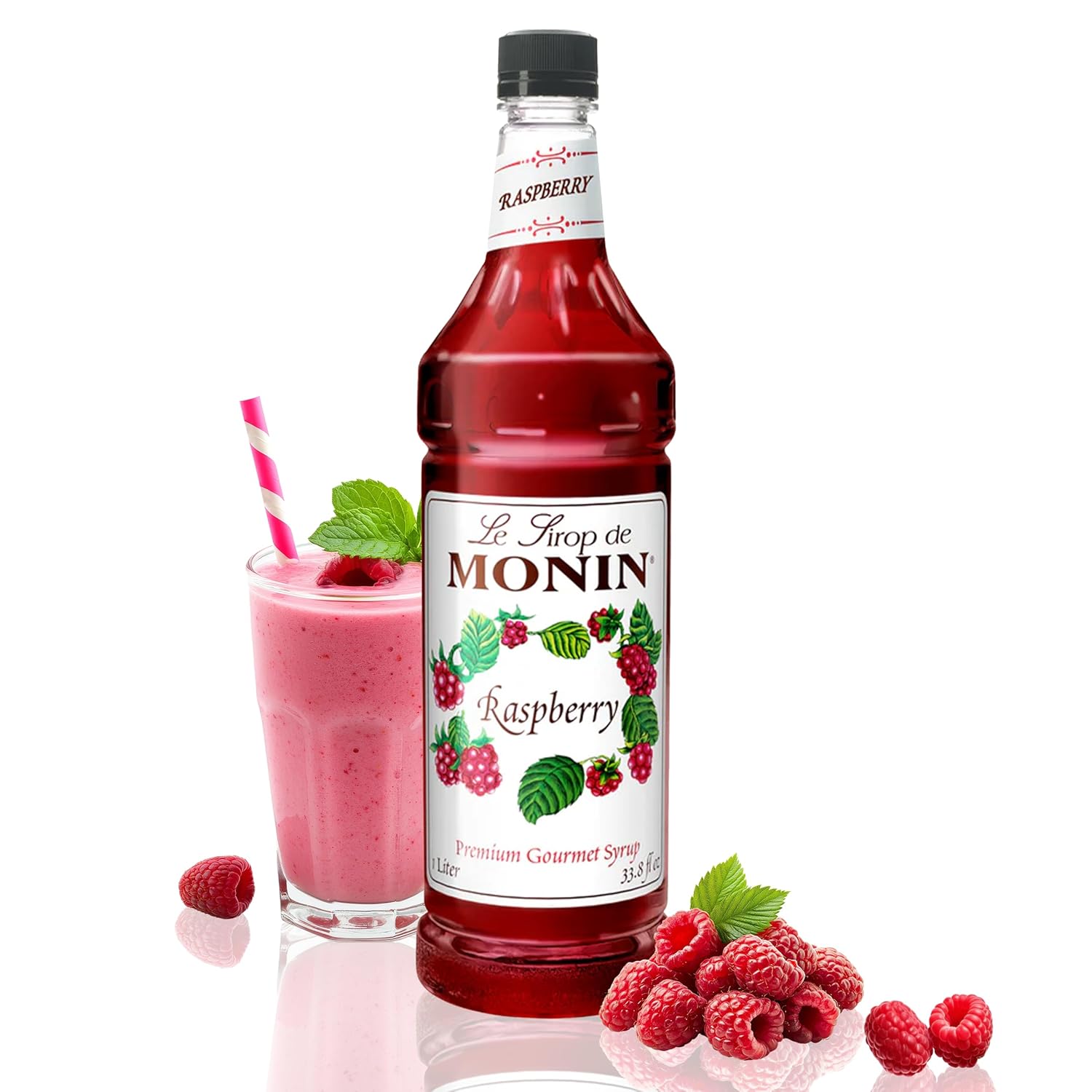 Monin - Raspberry Syrup, Sweet and Tart, Great for Cocktails and Lemonades, Gluten-Free, Non-GMO (1 Liter)