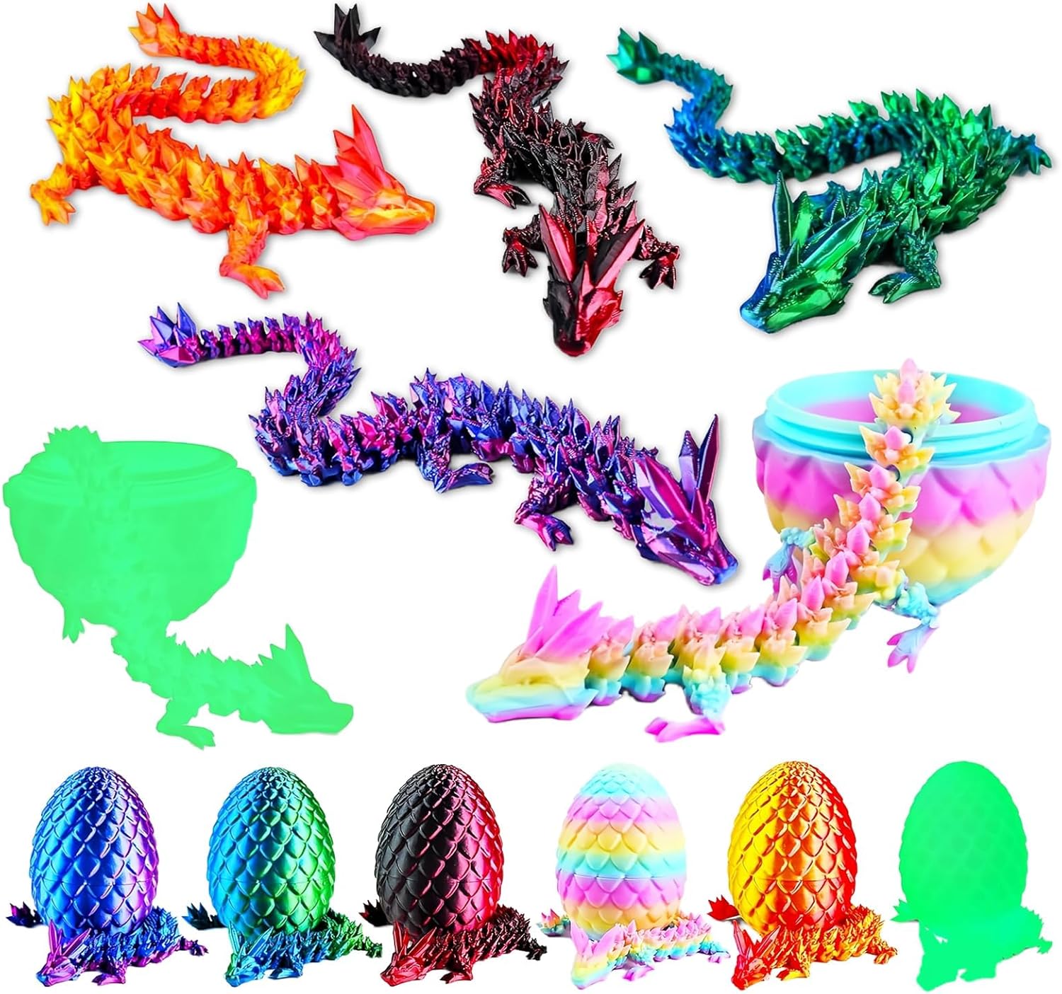 6Pack Dragon Eggs with Dragon Inside - 3D Printed Dragon in Egg Set Fidget Animals Toy - Easter Basket Fillers - Mythical Pieces Articulated Mobility Decor for Home Office & Easter Gifts ( Multicolor)