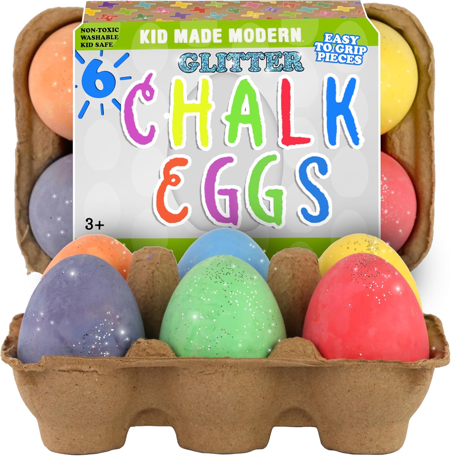 Kid Made Modern Glitter Egg Chalk - Set of 6 Vibrant Egg-Shaped Chalks for Kids - Non-Toxic, Washable, Dust-Free & Mess-Free - Fun Crafting & Drawing for Kids Ages 3+ and Beyond
