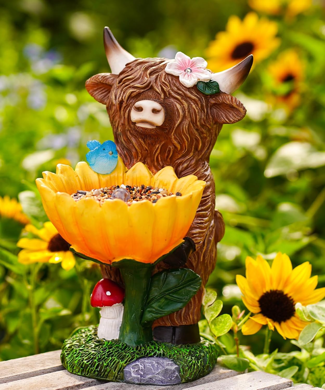 Nacome Solar Highland Cow Garden Decor: Bird Bath for Outside Outdoor Statues Ornaments Yard Art Lawn Porch Patio Balcony Decorations Birdbath - Birthday Gifts for Mom Grandma Women(Brown)