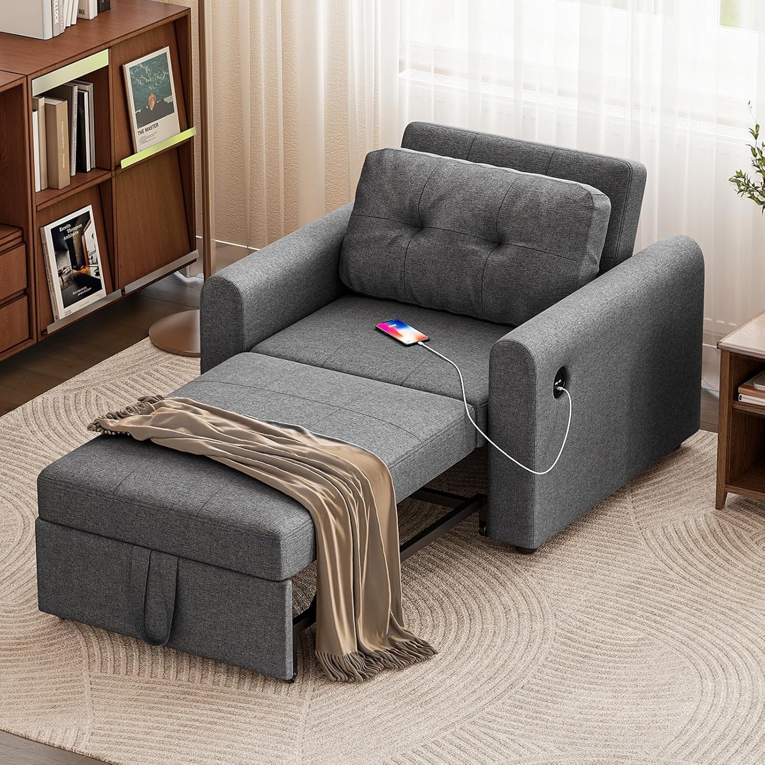 Jooli H Single Convertible Sofa Bed, 3-in-1 Pull Out Sleeper Sofa Bed Chair with USB Ports & Side Pocket for Living Room, Guest Room, Home Office, Dark Grey
